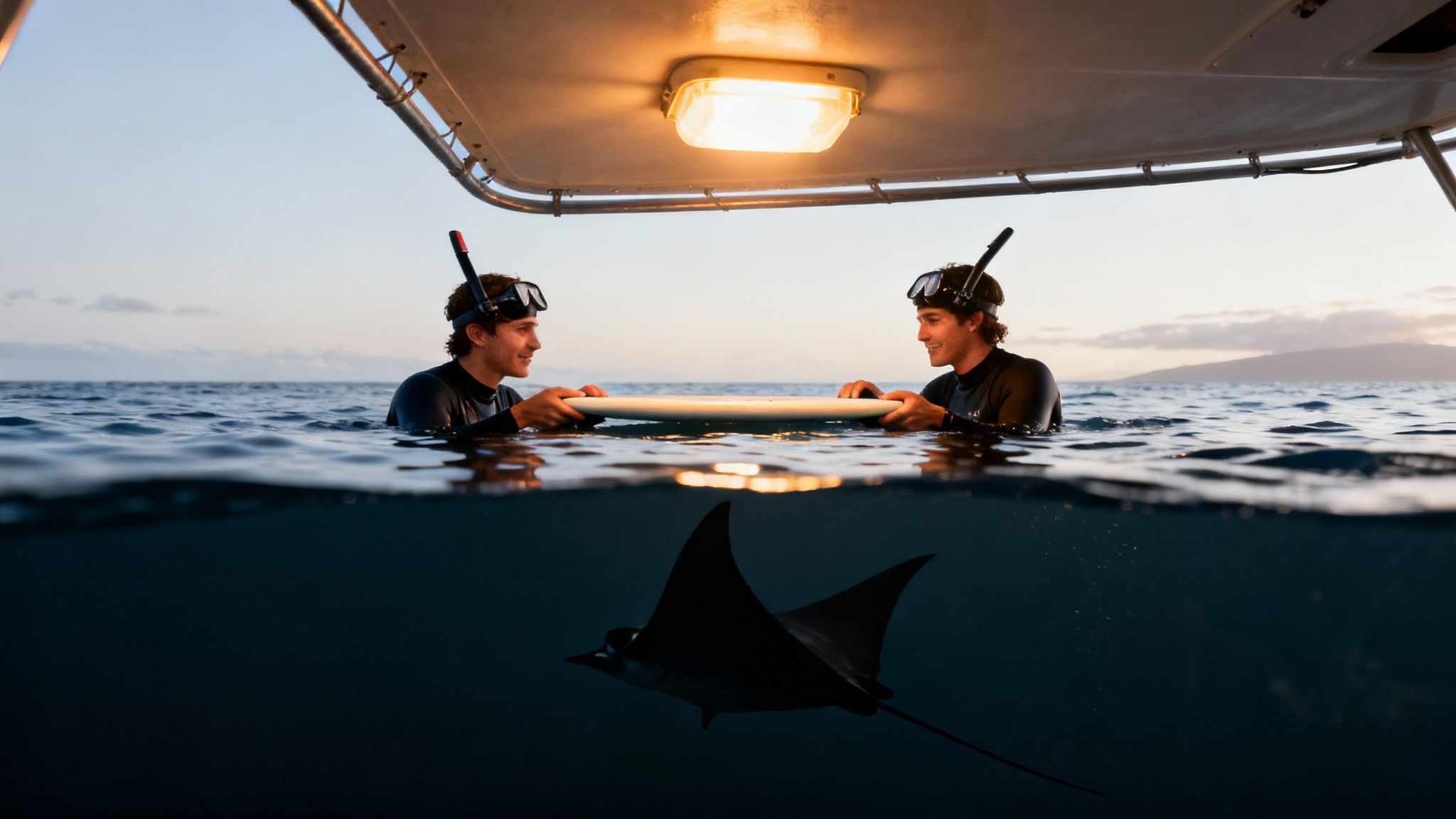 Two smiling men in snorkeling gear in the ocean, holding a board, with a manta ray below.
