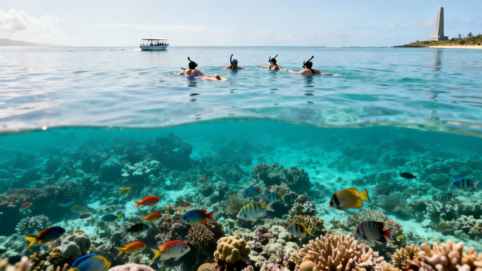 Snorkelers floating above vibrant coral reef teeming with colorful tropical fish in crystal clear water