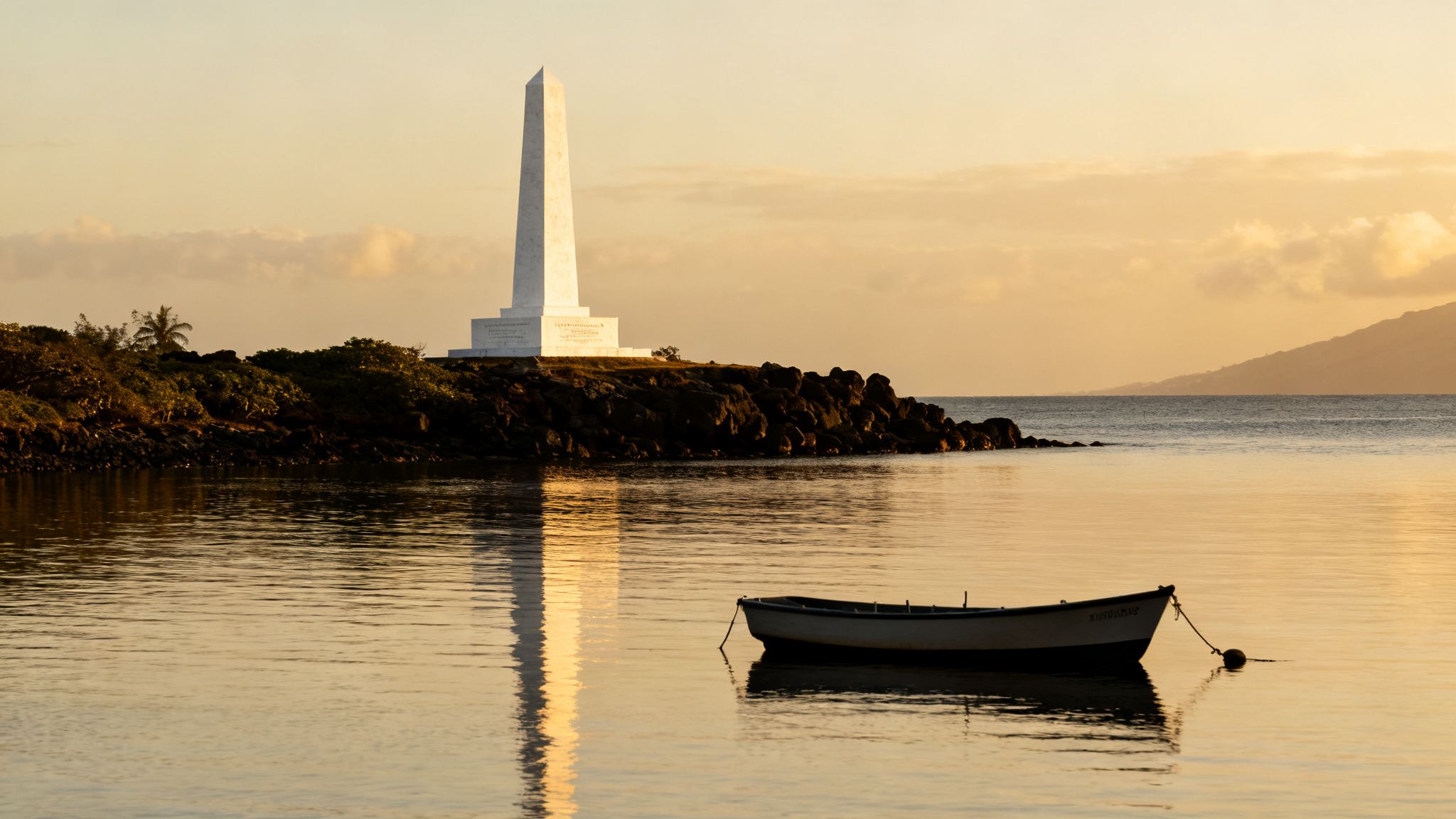 Golden hour over Kealakekua Bay with a white obelisk and a small boat reflecting in calm water.