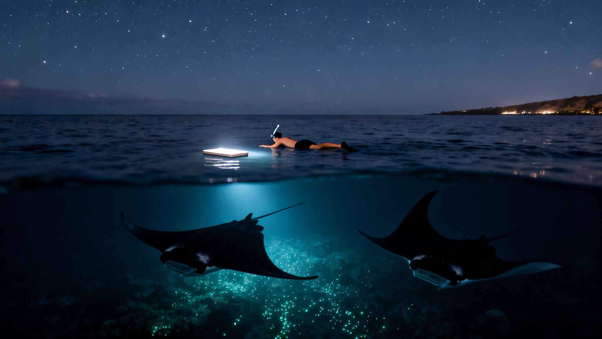 Person snorkeling at night, illuminated by a light board, watching manta rays under a starry sky.