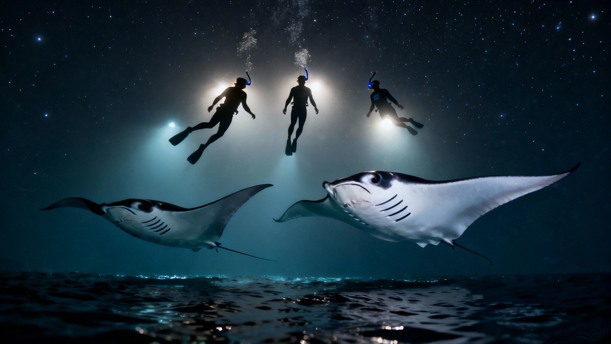Three snorkelers with lights observe two majestic manta rays swimming at night under a starry sky.