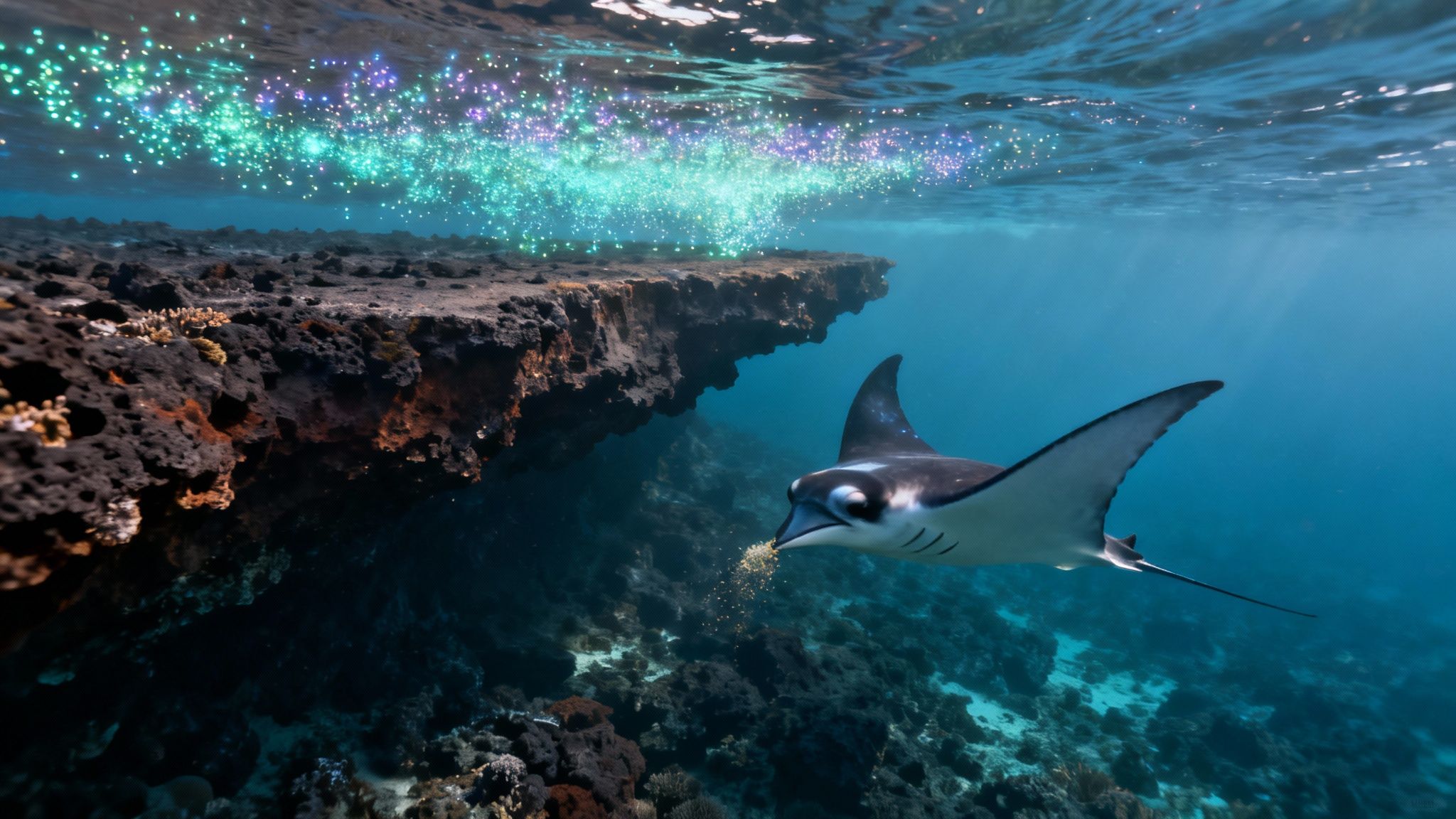 Manta ray gliding through the water at night