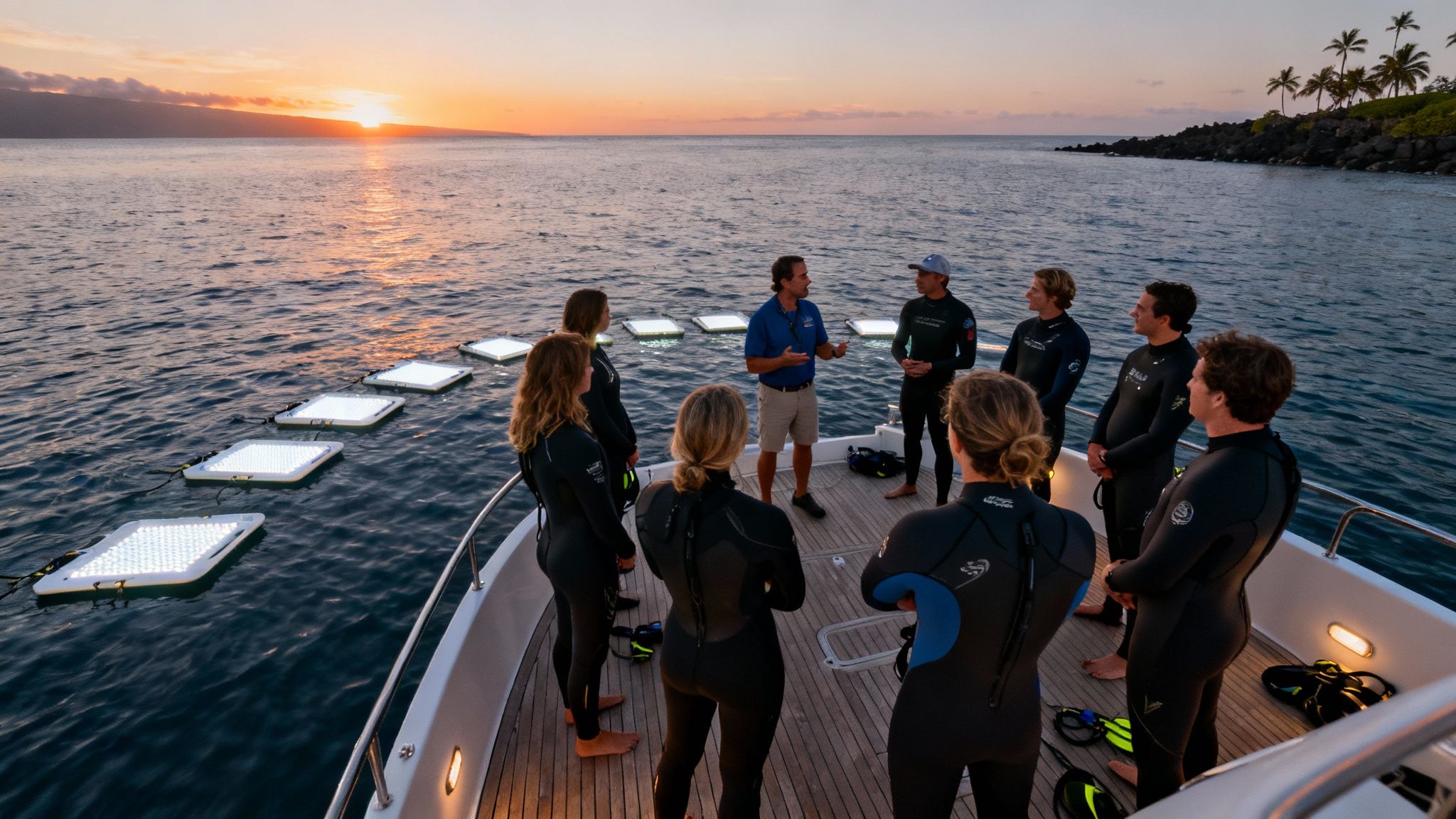 A group in wetsuits on a boat receiving a briefing at sunset for a manta ray snorkel tour.