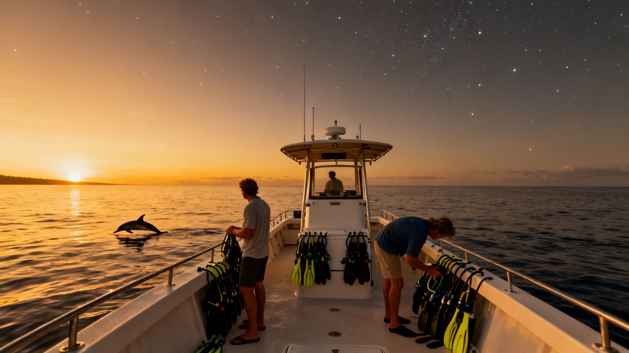 Scuba divers preparing on a boat at sunset with a dolphin jumping, under a starry sky.