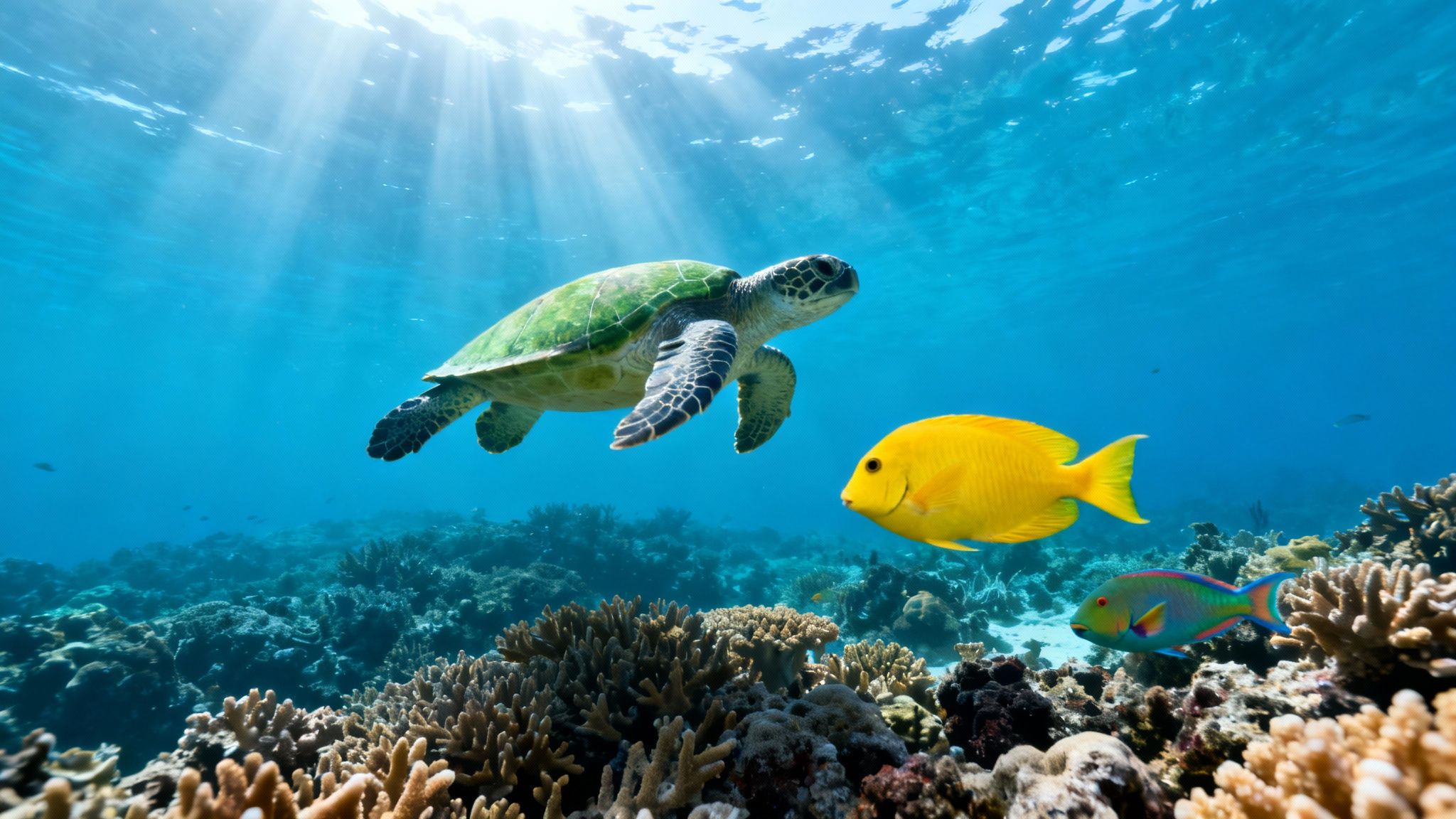 A green sea turtle swims with a yellow fish and parrotfish over a vibrant coral reef with sun rays.