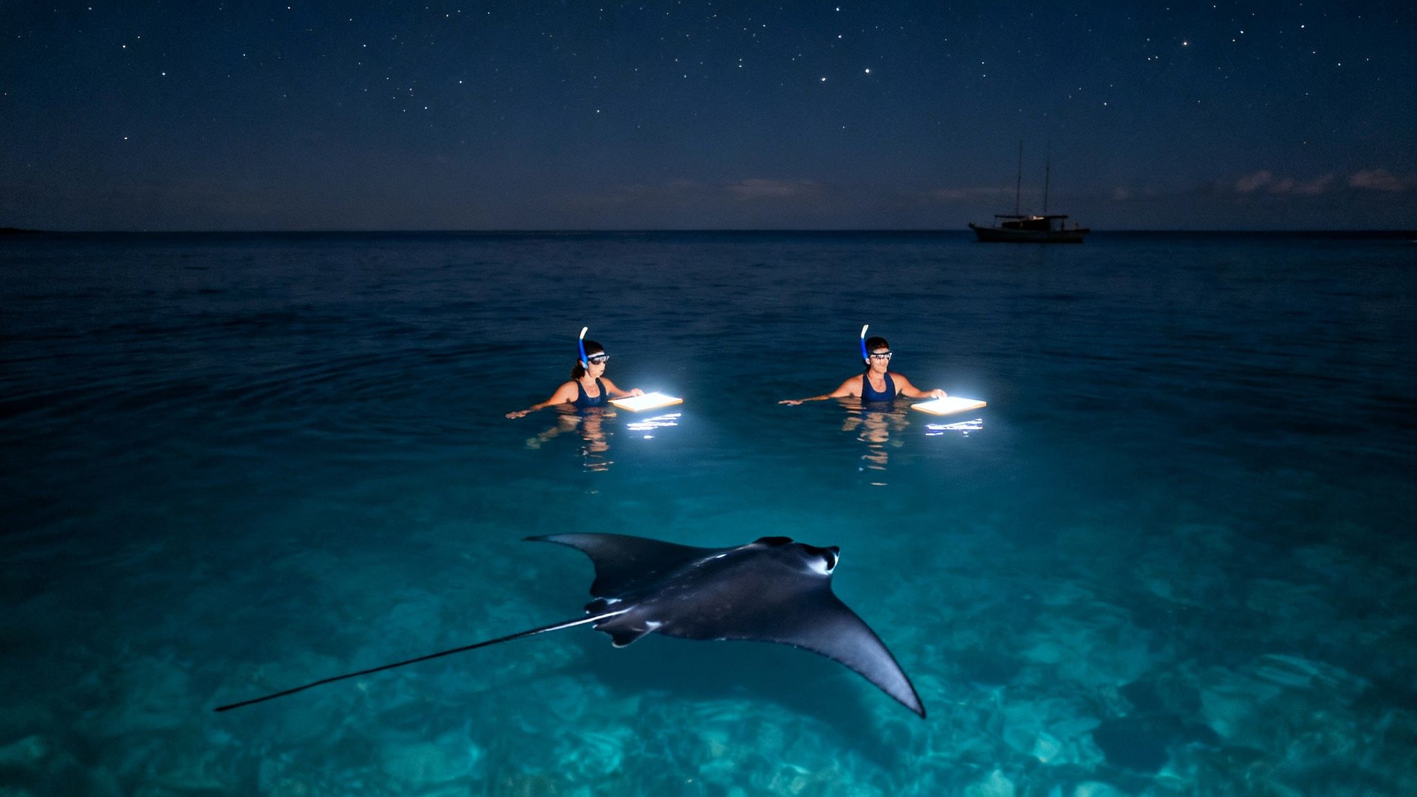 Two women night snorkeling with a majestic manta ray under a starry sky.