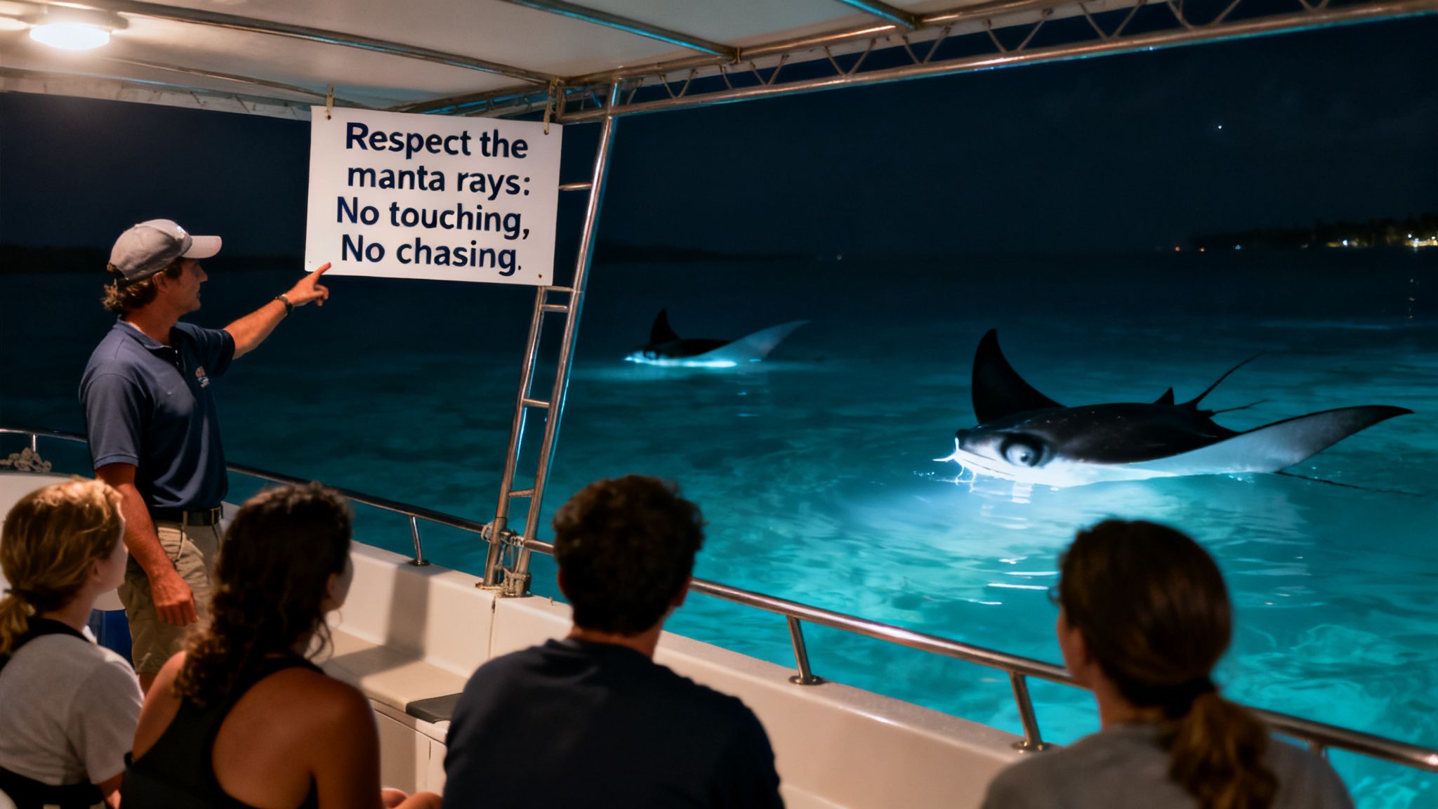 Tour guide on a boat points at a sign during a night snorkel with glowing manta rays.