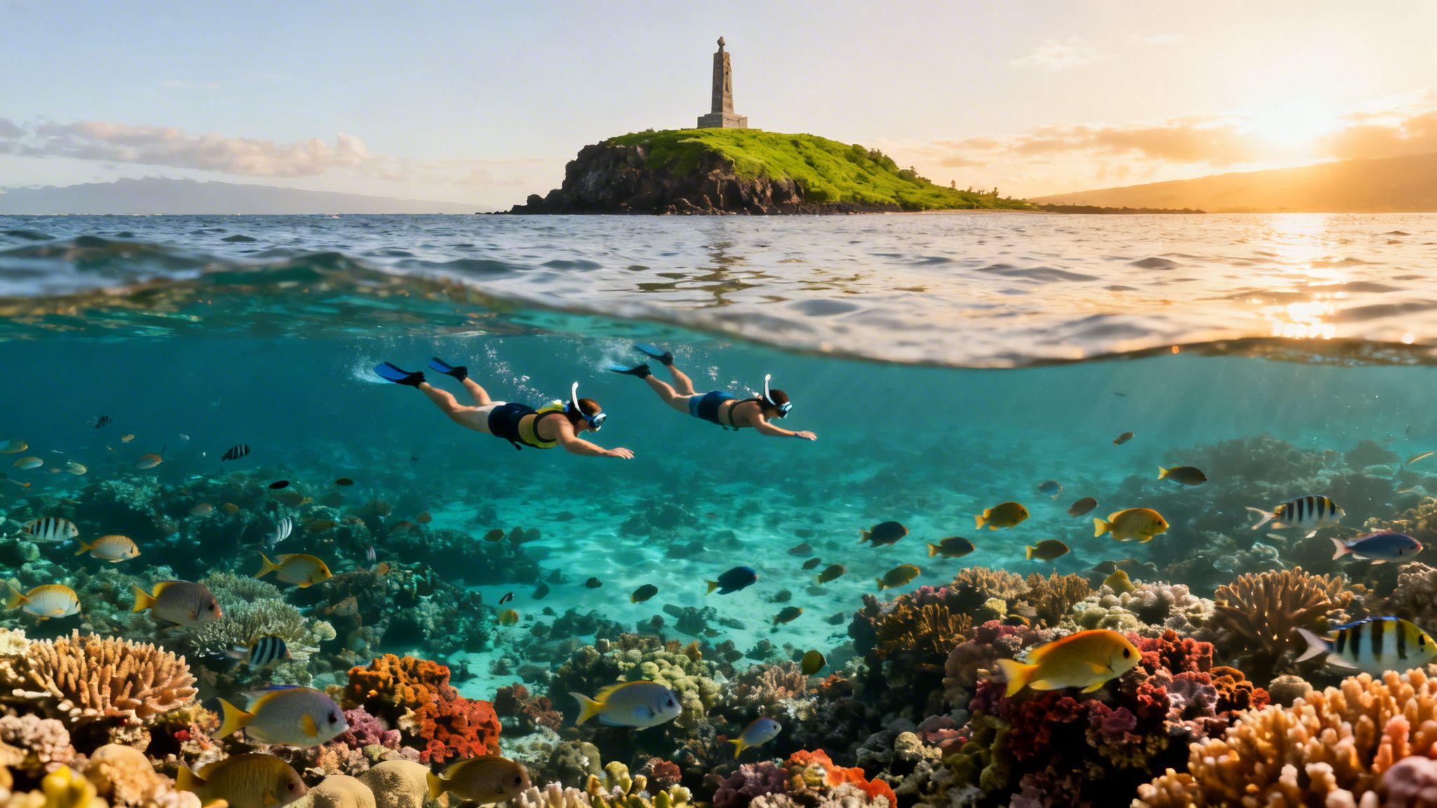 Two people snorkeling over a vibrant coral reef with fish, an island, and sunset above the water.