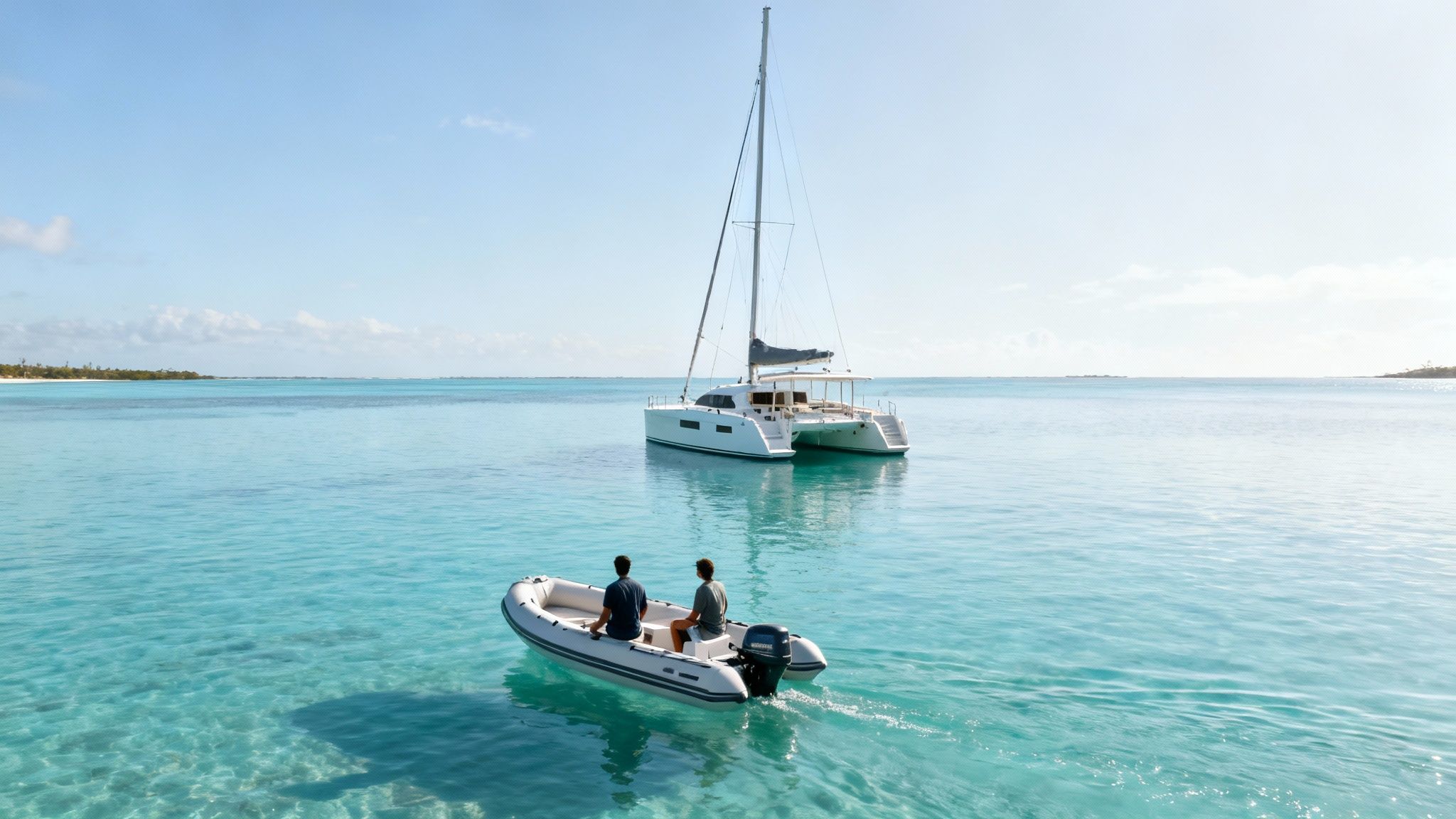 Two people in a dinghy boat approaching a white catamaran sailboat on clear turquoise water.