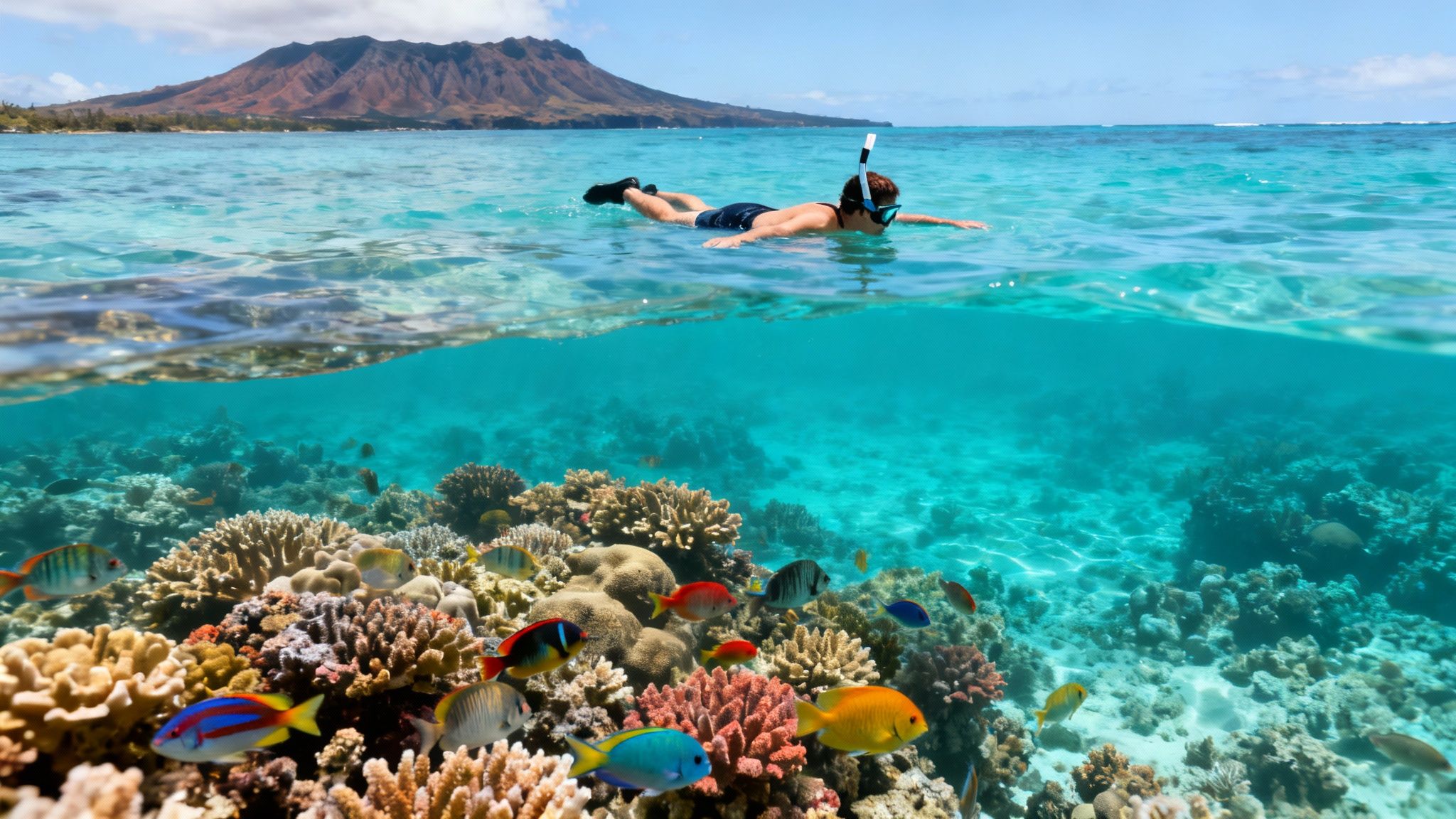 Person snorkeling over a vibrant coral reef teeming with colorful fish near a tropical island with a mountain.