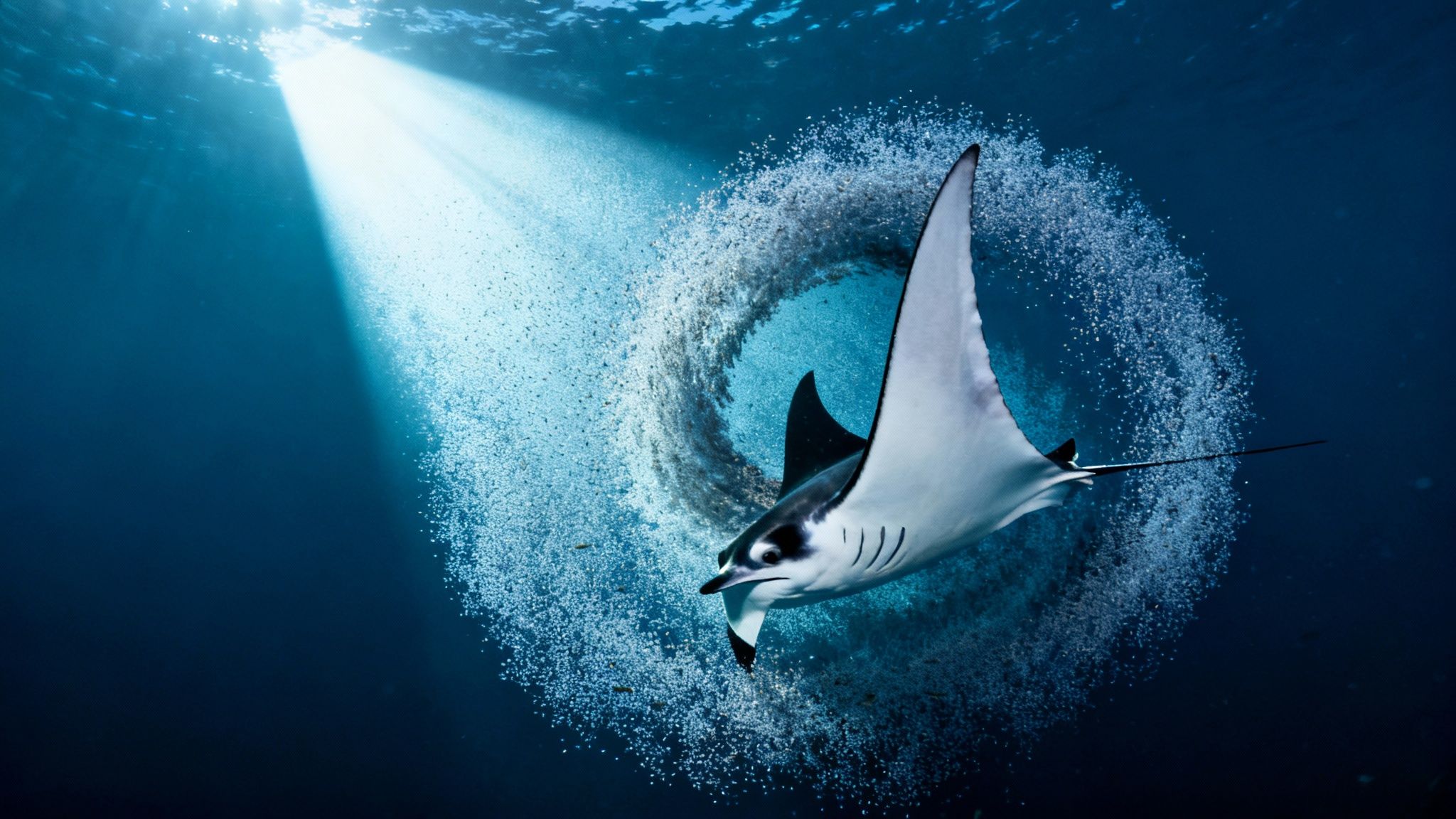 Underwater view of a majestic manta ray swimming through a bubble ring under sunrays.