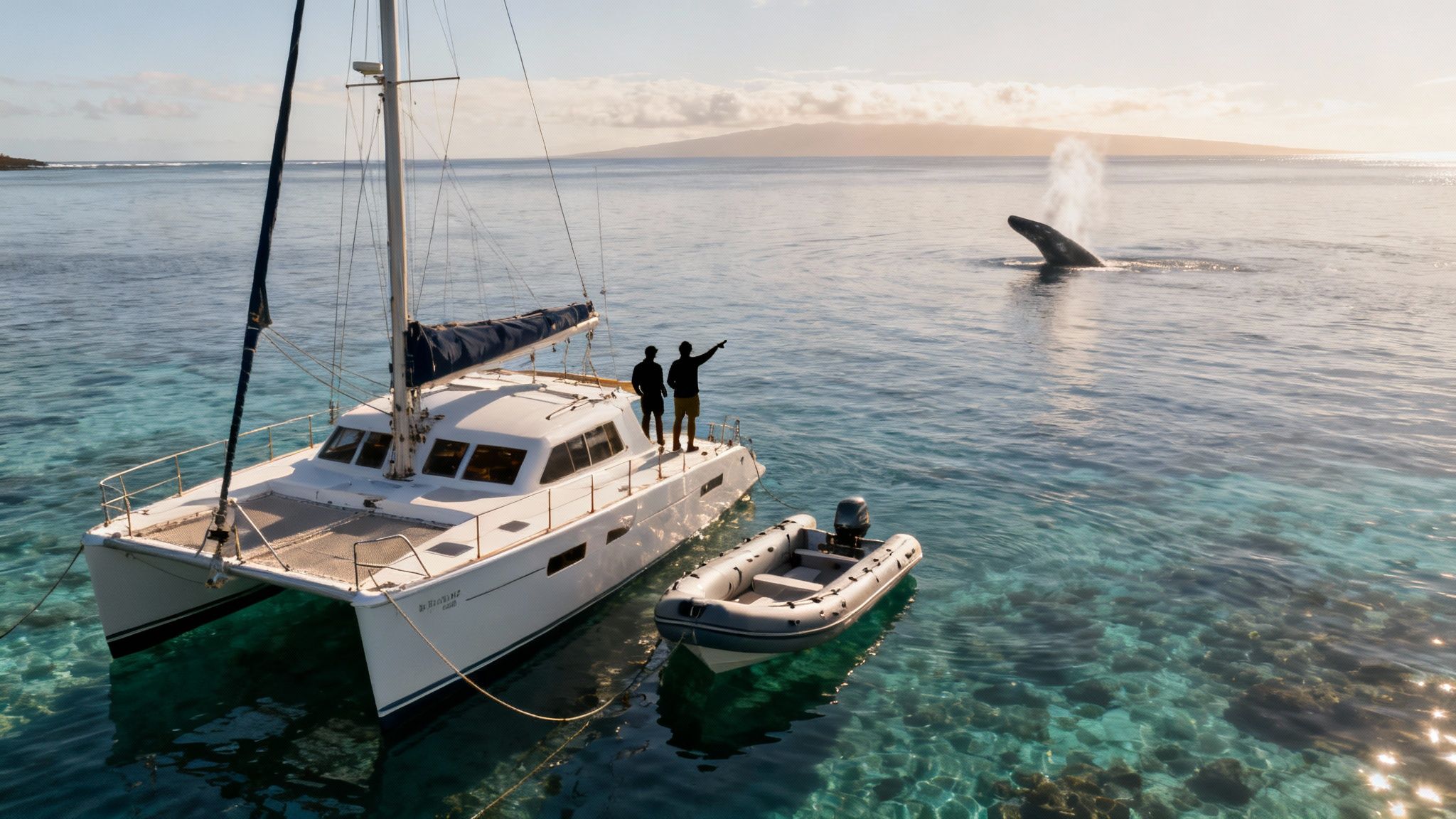 Two men on a catamaran watch a whale spouting water in crystal clear tropical ocean.