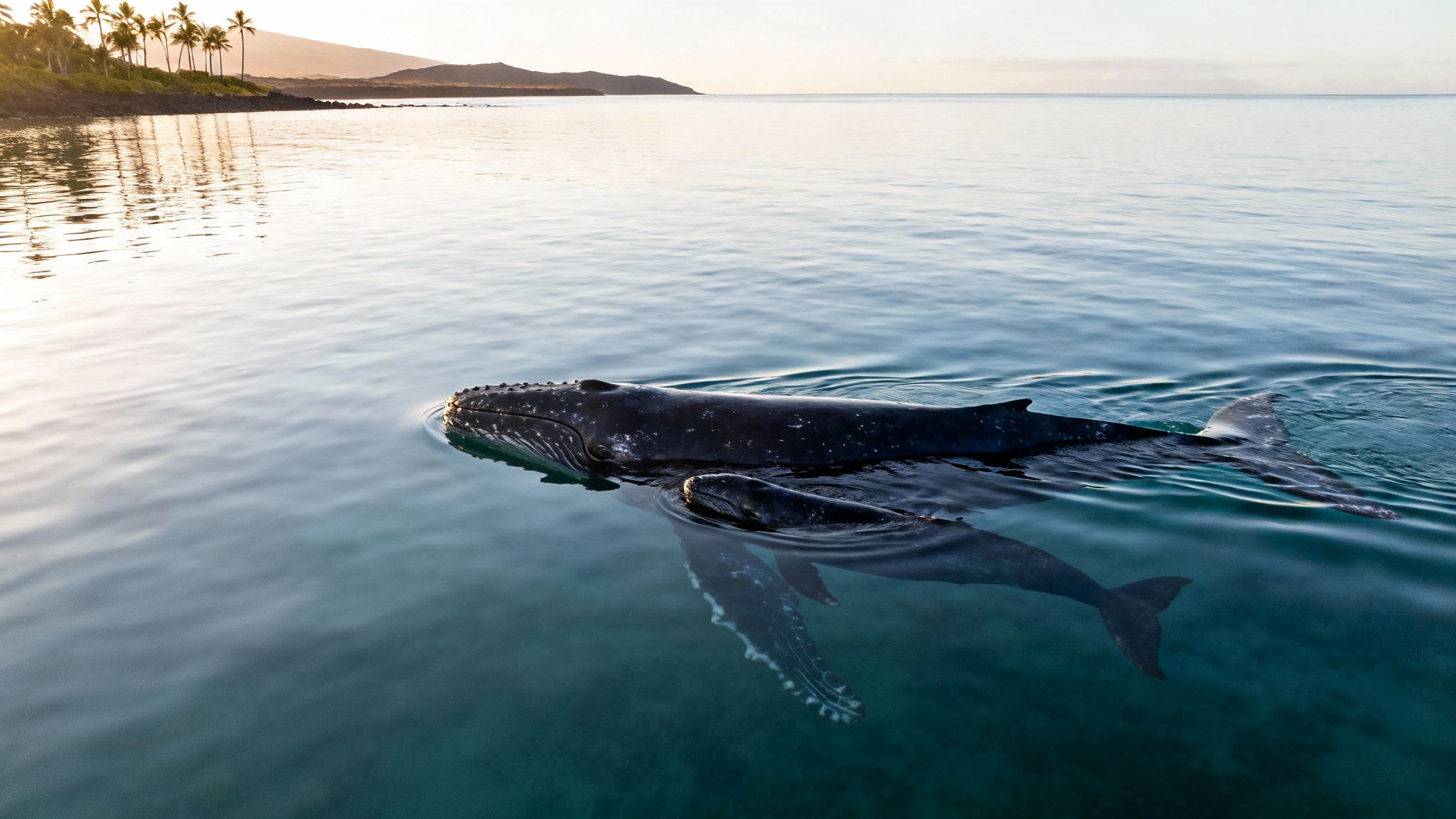 A mother humpback whale and her calf swim gracefully near a Hawaiian coast at sunset.