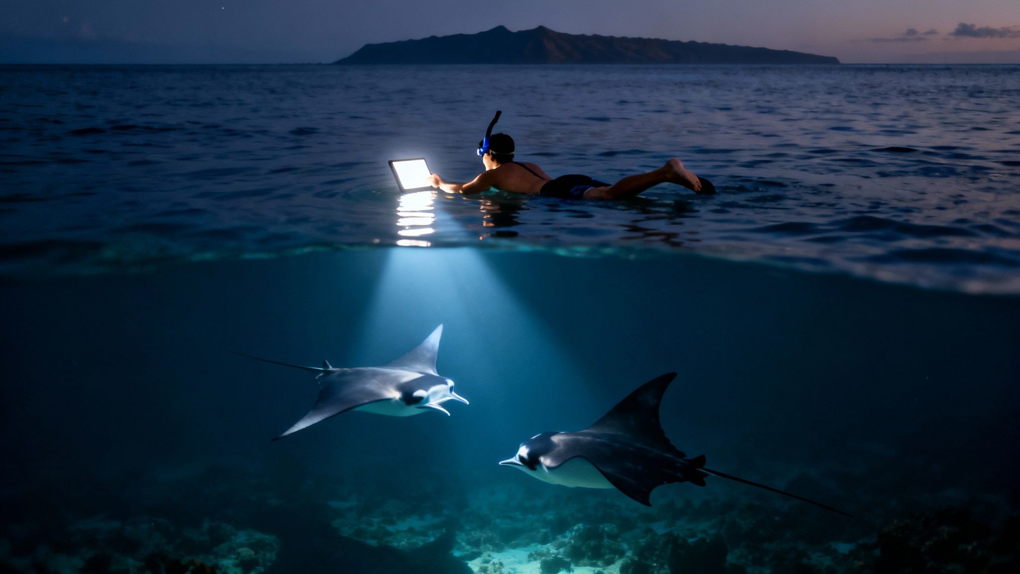 A person night snorkeling, illuminating two manta rays swimming gracefully beneath the ocean surface.