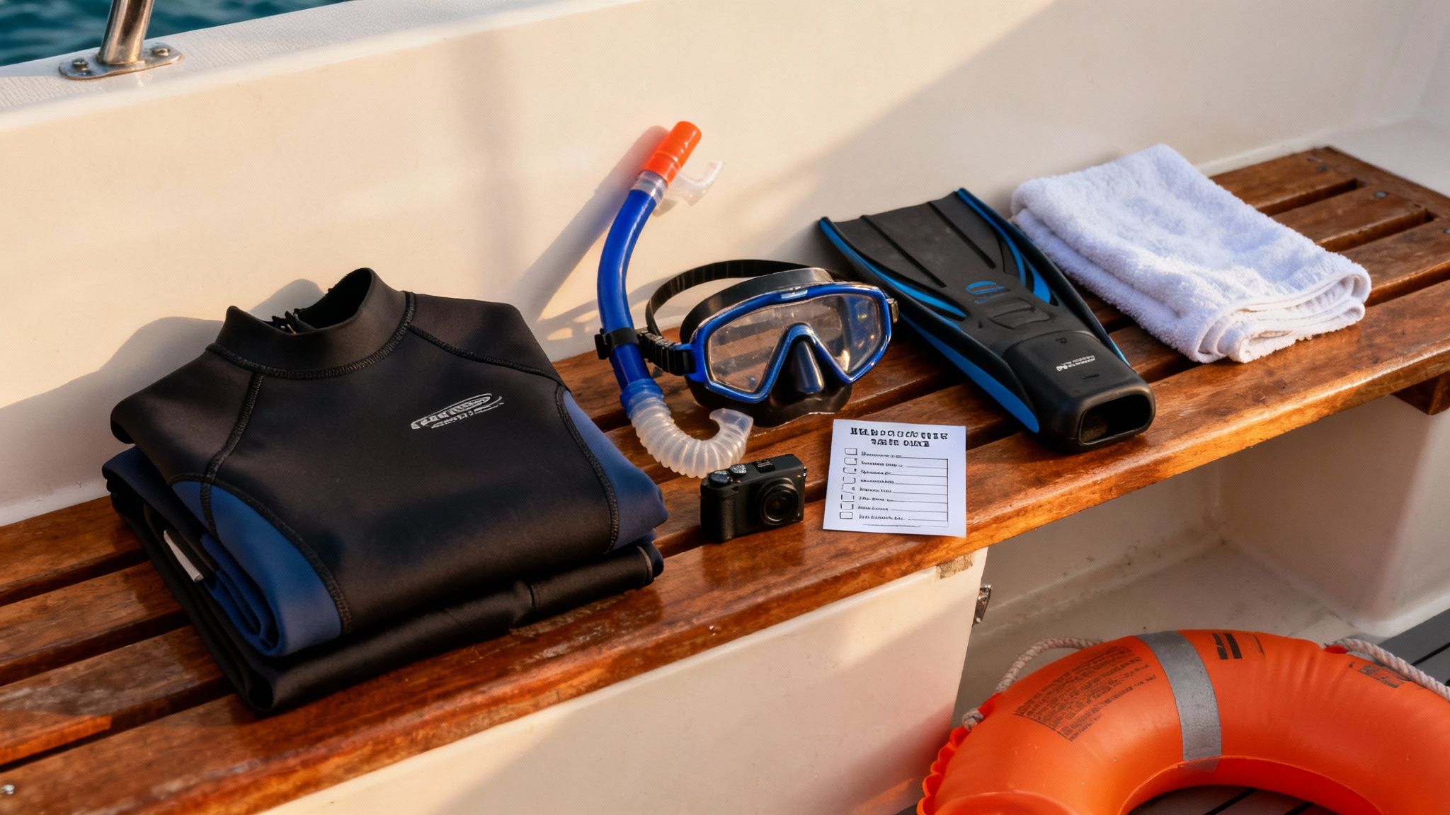 Snorkeling gear including wetsuit, mask, snorkel, fins, and a camera laid out on a boat deck.