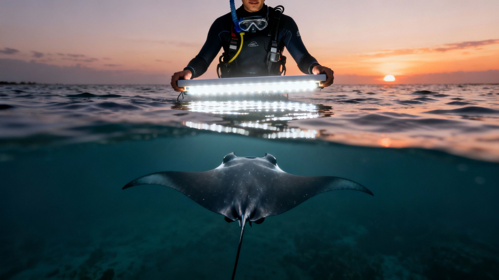 A snorkeler shines a bright underwater light over a manta ray at sunset, a split-level view.