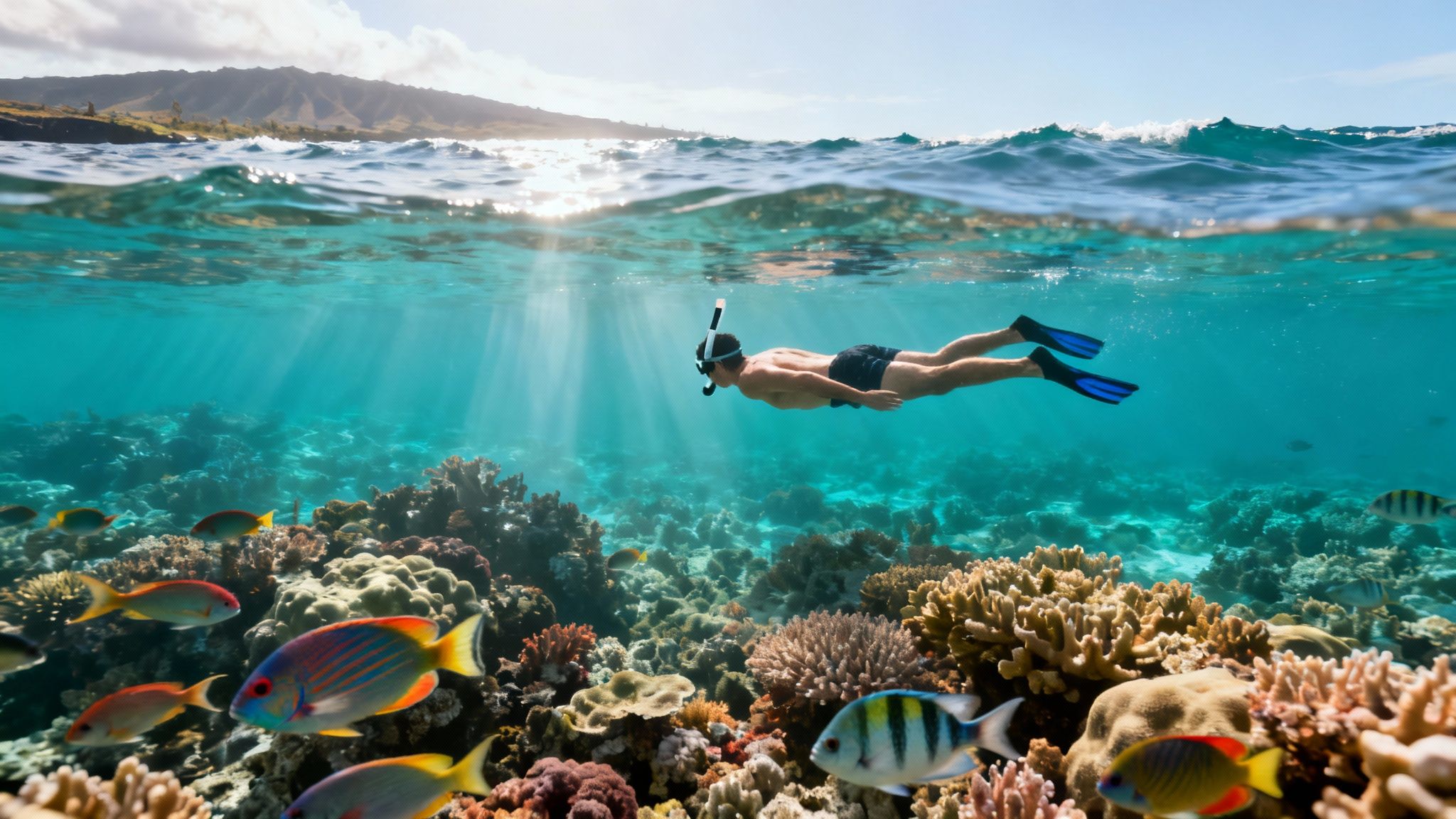 A man snorkels over a vibrant coral reef teeming with colorful fish under sunlit clear blue water.