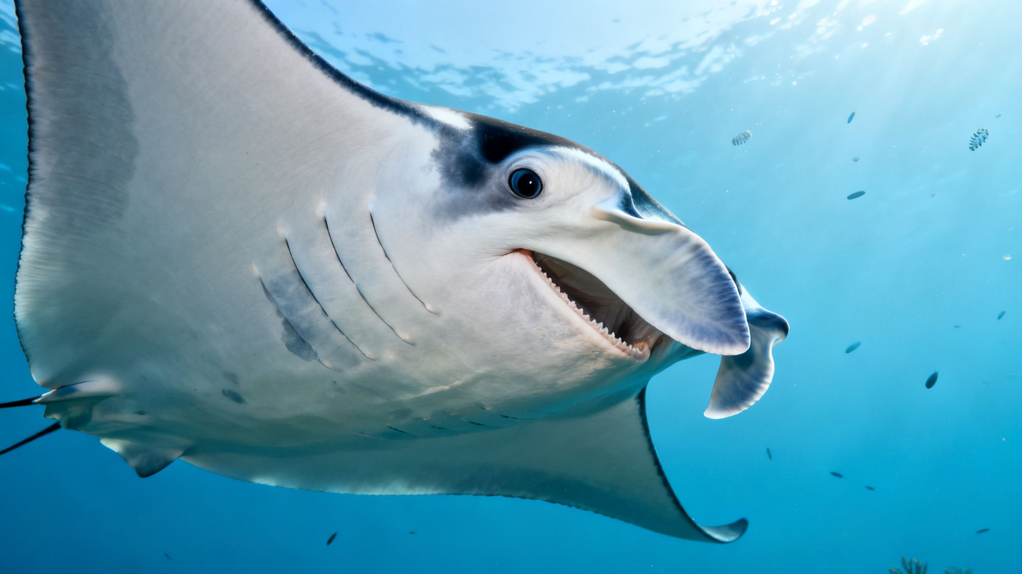 A large manta ray with its mouth open swims gracefully through clear blue ocean water, illuminated by sunlight.