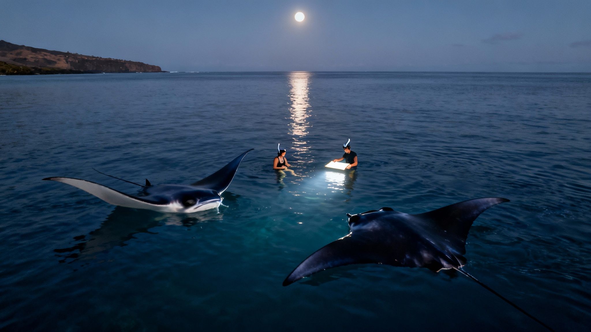 A snorkeler watching a giant manta ray gracefully swim just below the water's surface at night in Kona.