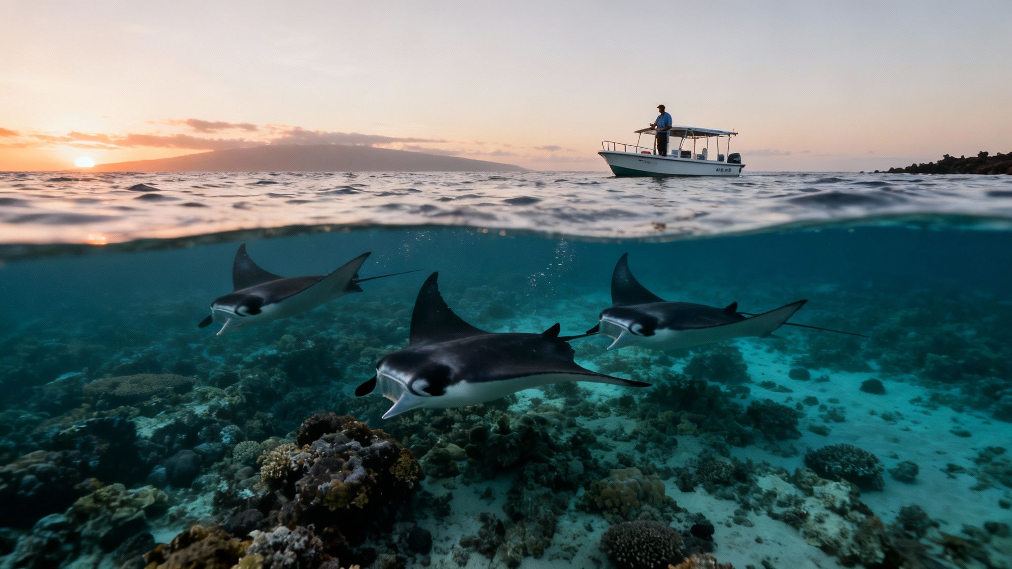 Three manta rays swim over a coral reef, with a boat and sunset visible above the water.