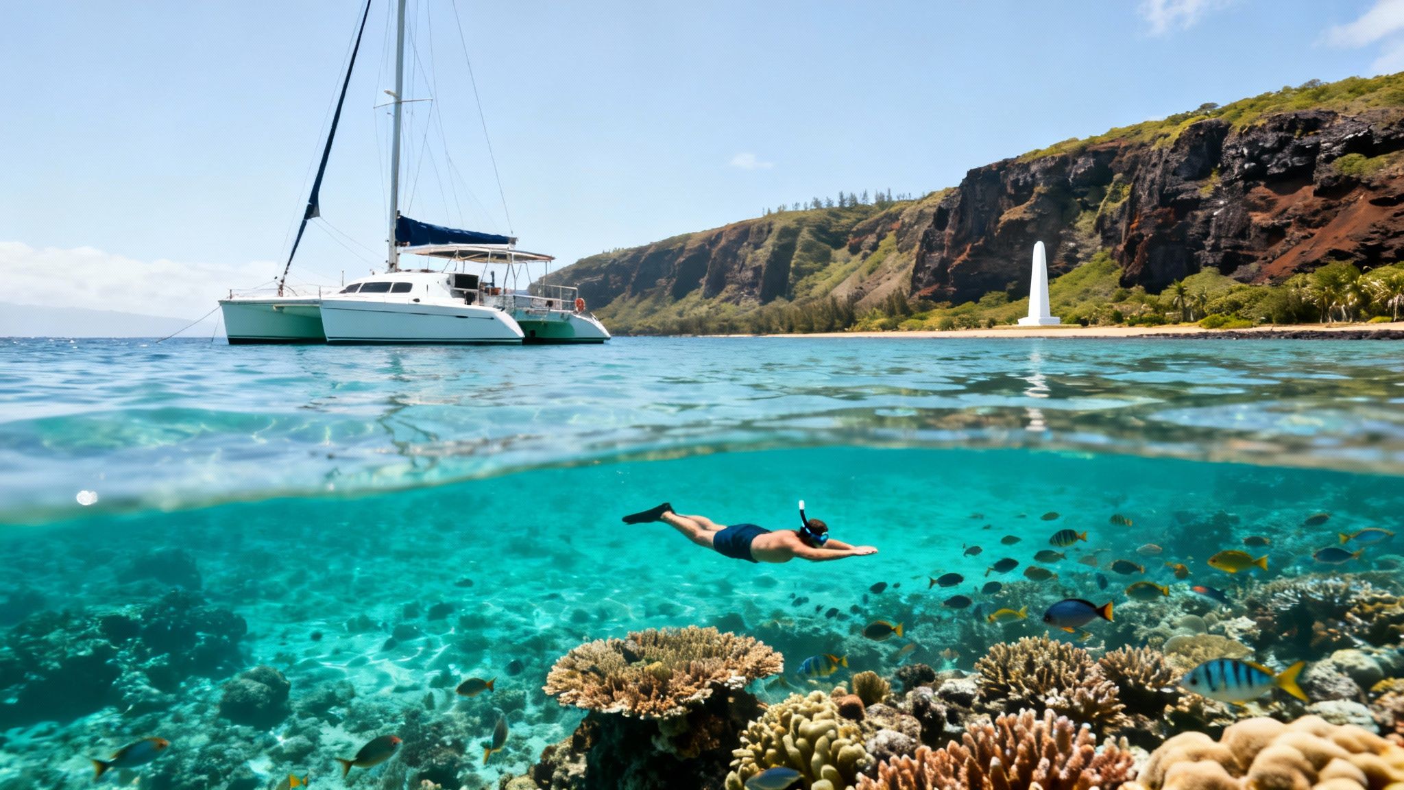 Split view of catamaran and coastline above, with snorkeler, vibrant coral reef, and tropical fish below.