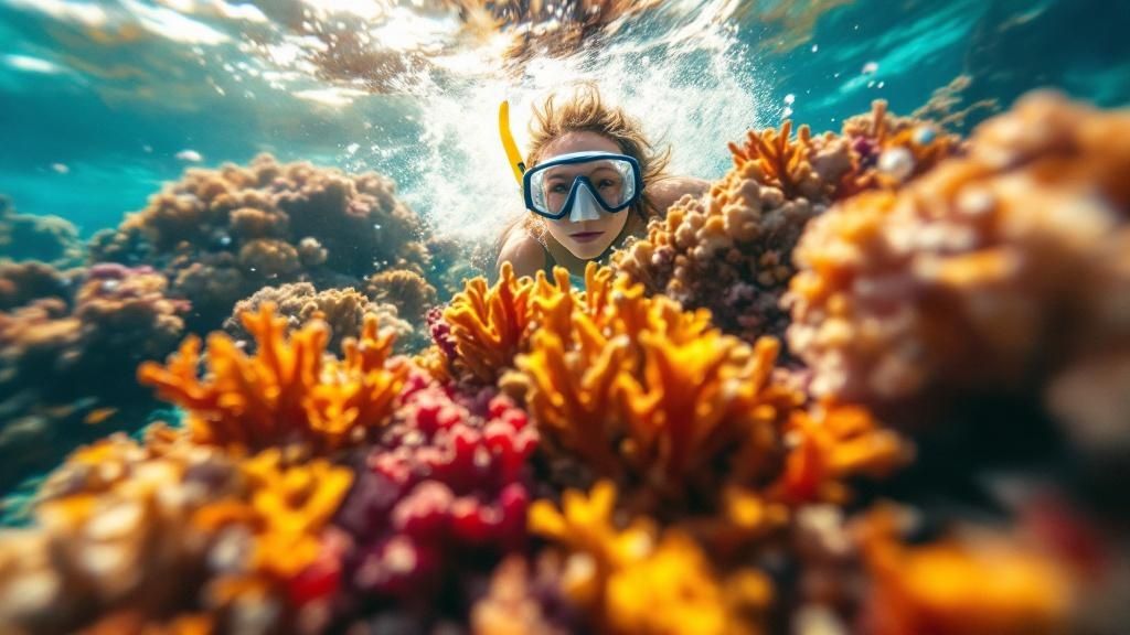 Woman snorkeling in clear water with yellow tang fish.