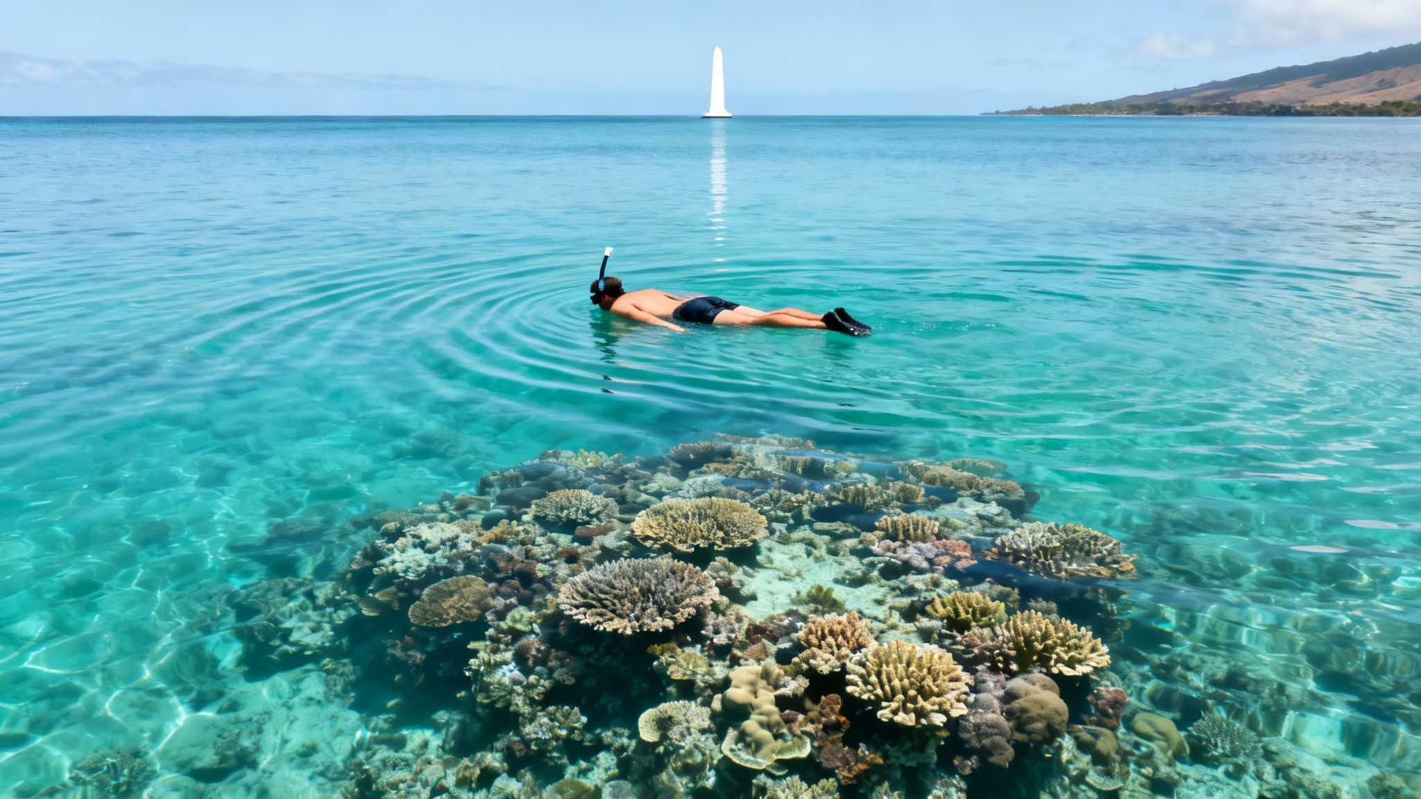 A person snorkeling over a vibrant coral reef in clear turquoise water with a sailboat in the distance.