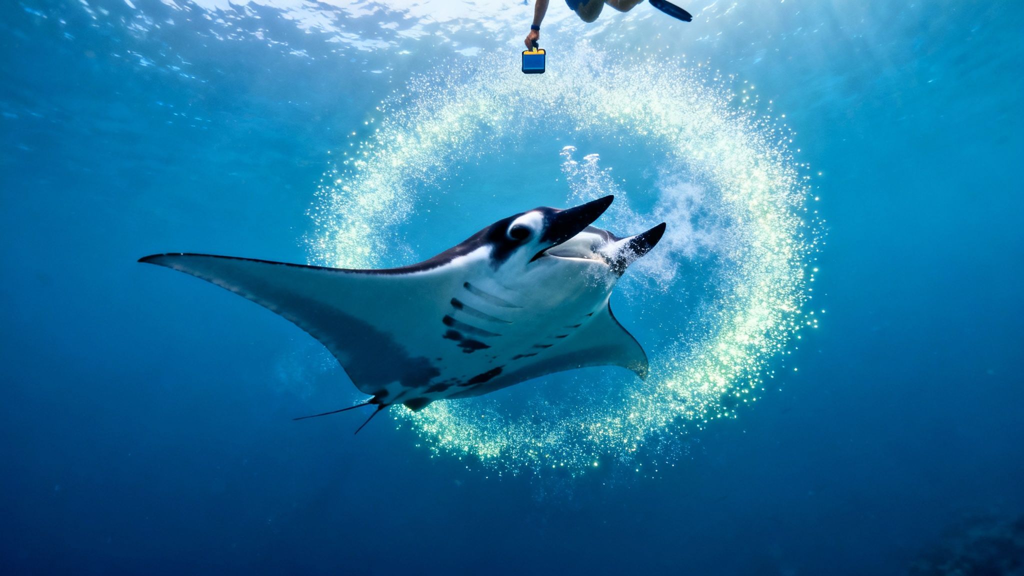 A majestic manta ray swims underwater, mouth open, surrounded by a luminous circle of bubbles.