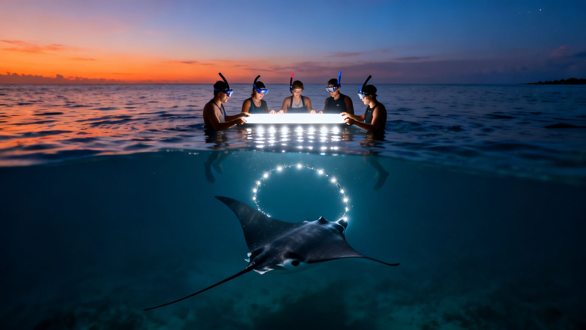 Five people in snorkel gear illuminating the ocean to view a majestic manta ray at dusk.