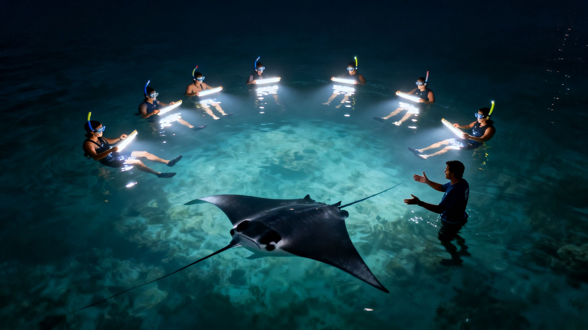 People night snorkeling with glowing boards around a magnificent manta ray in clear water.