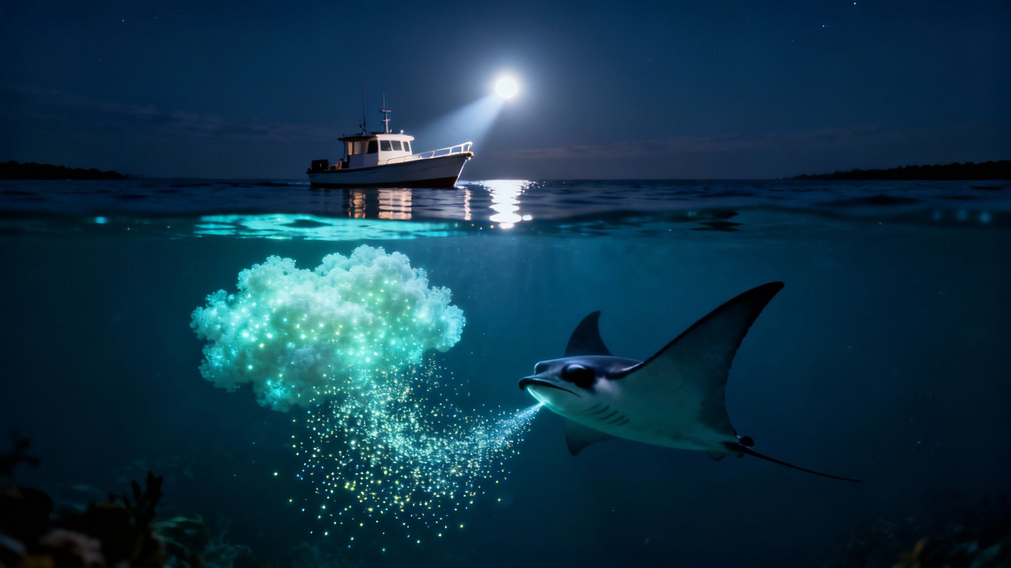 Two manta rays swimming gracefully in the illuminated water at night.