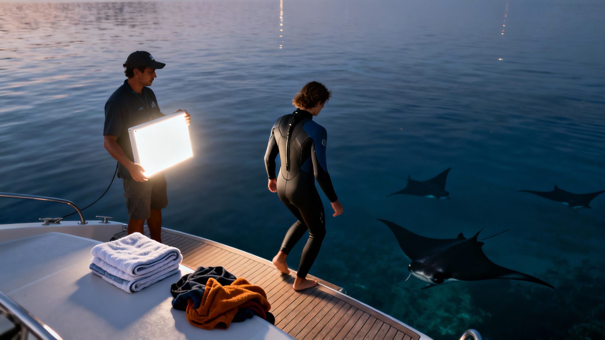 Two people on a boat illuminate manta rays in the ocean at night for snorkeling.