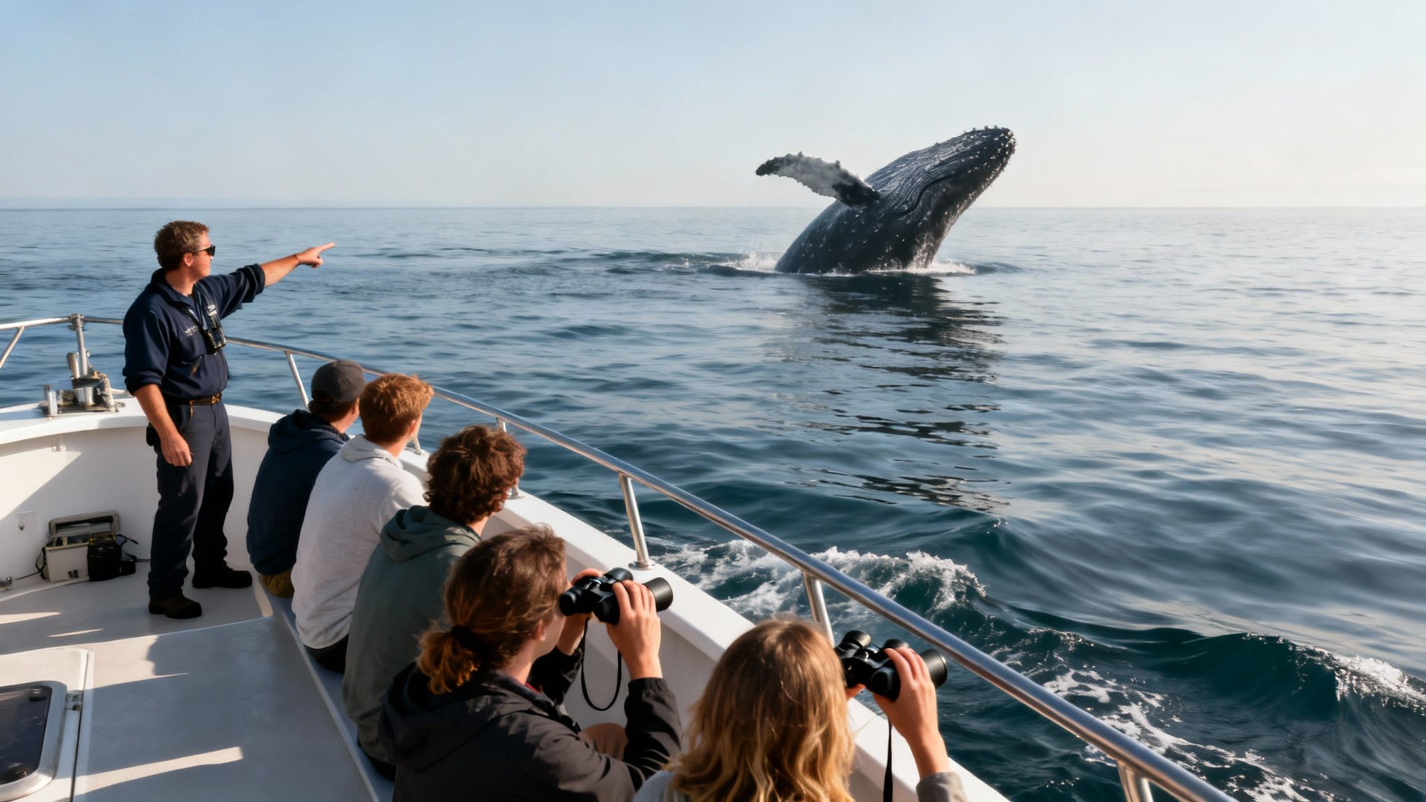 People on a whale watching tour boat observing a humpback whale breaching out of the water.