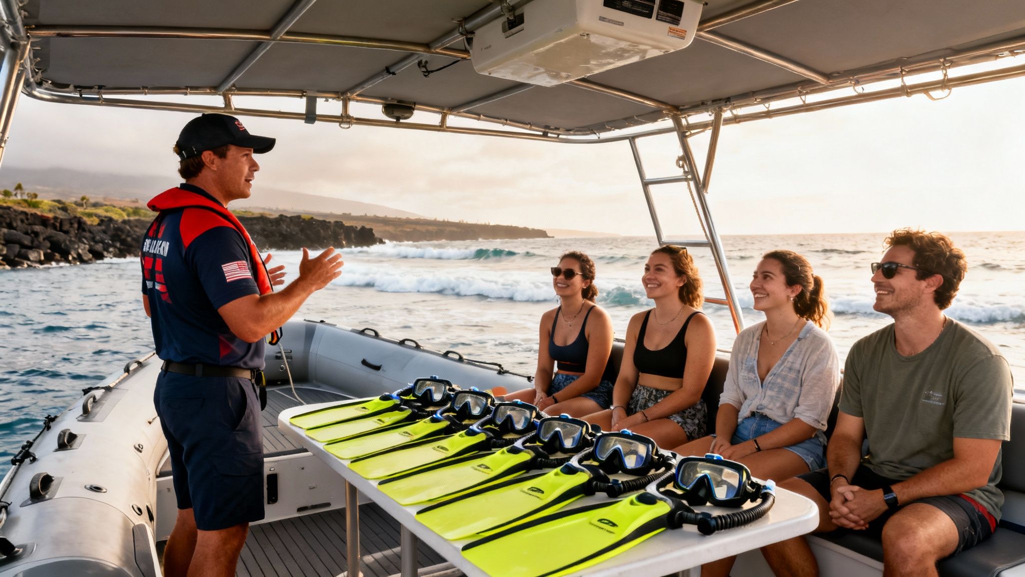 A boat guide explains snorkeling gear to four smiling tourists on a beautiful ocean tour.