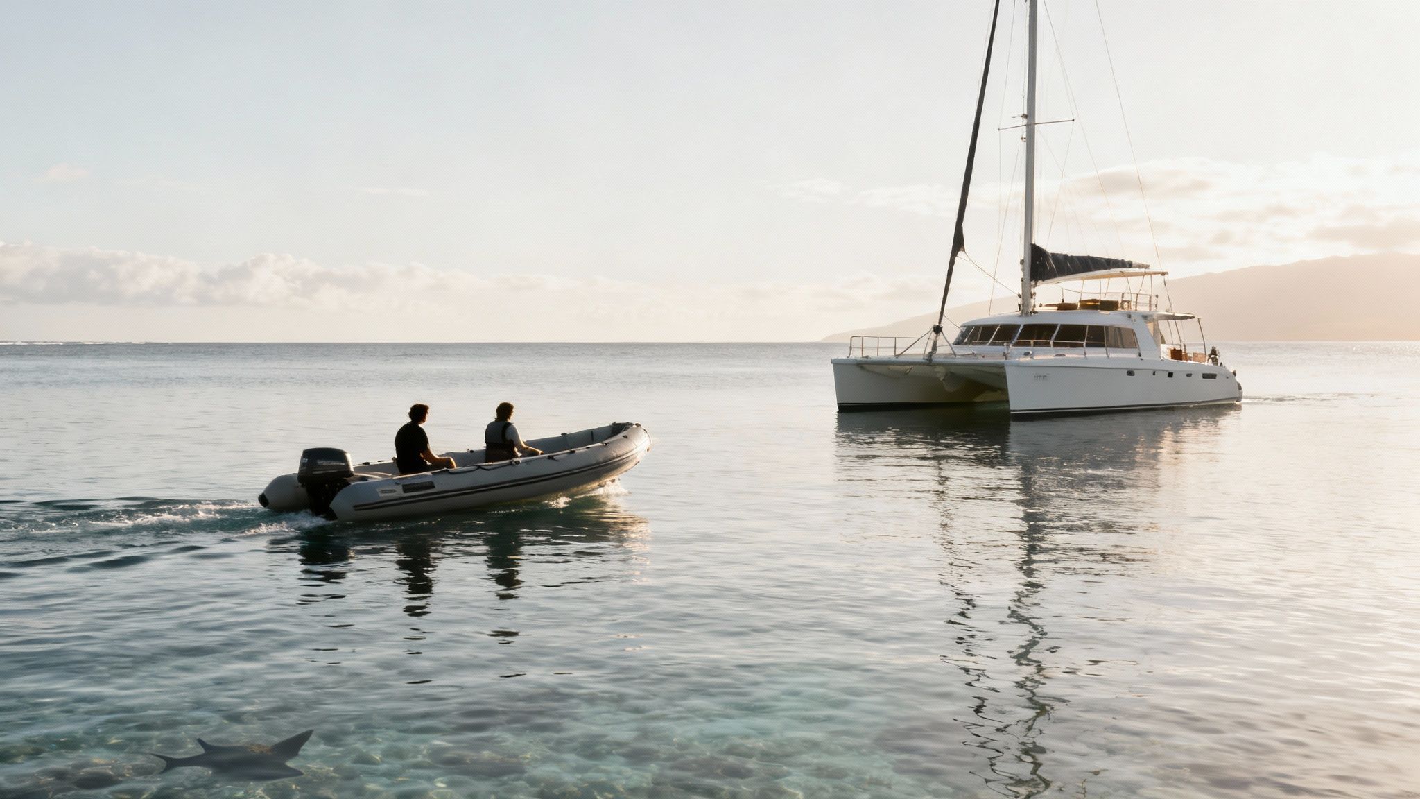 Inflatable dinghy approaching luxury catamaran yacht anchored in calm tropical Hawaiian waters at sunset