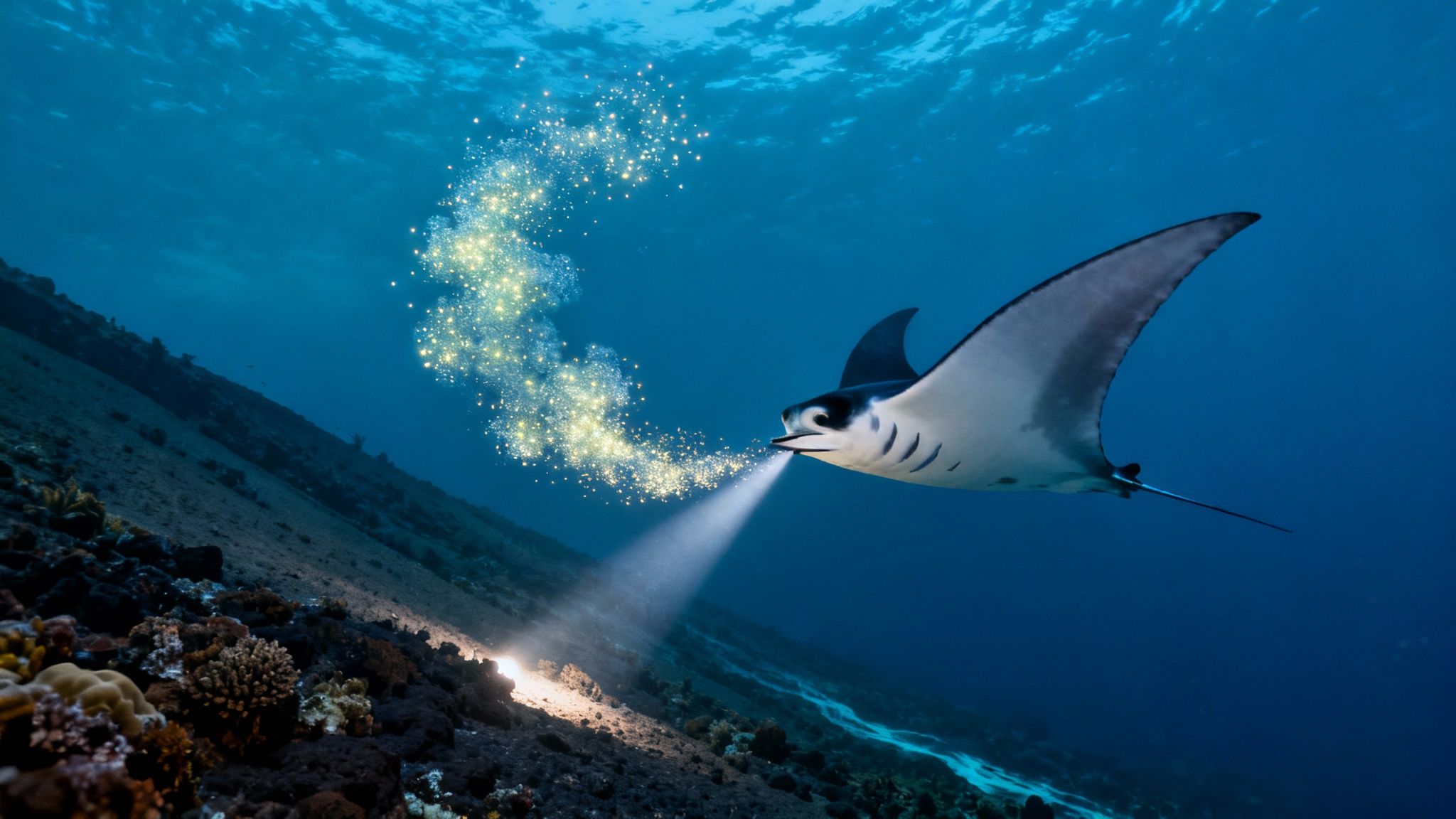 A majestic manta ray with a glowing light beam and shimmering trail swims gracefully over a vibrant coral reef.