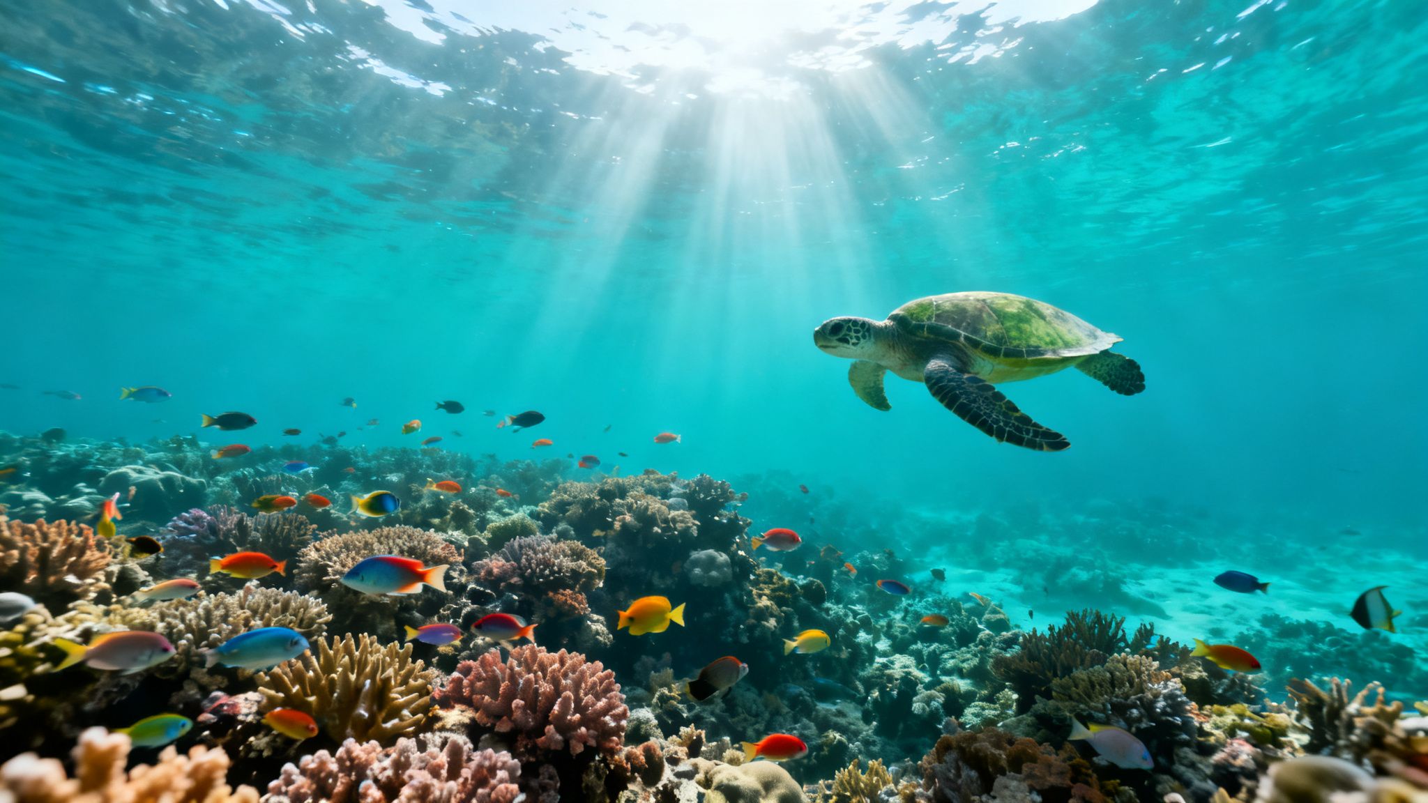 A green sea turtle swims gracefully above a vibrant coral reef teeming with colorful fish, bathed in sunlit water.