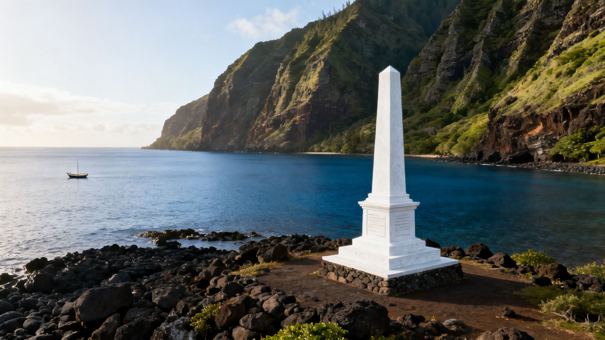 A white obelisk monument on a rocky shore overlooks a calm bay with a sailboat and green cliffs.