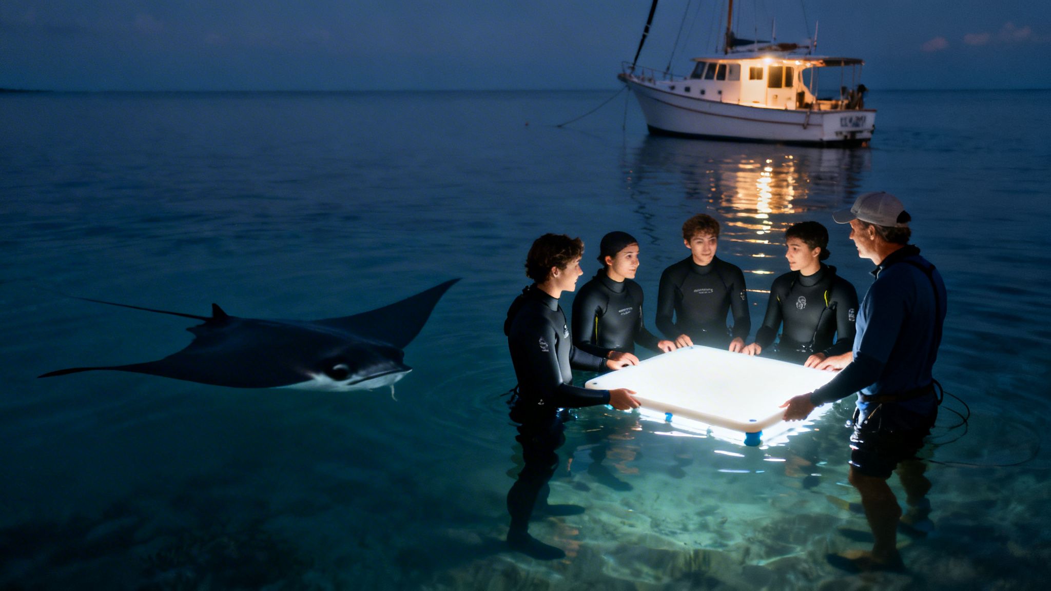People in wetsuits observe a manta ray at night in the ocean with an illuminated panel and a boat.