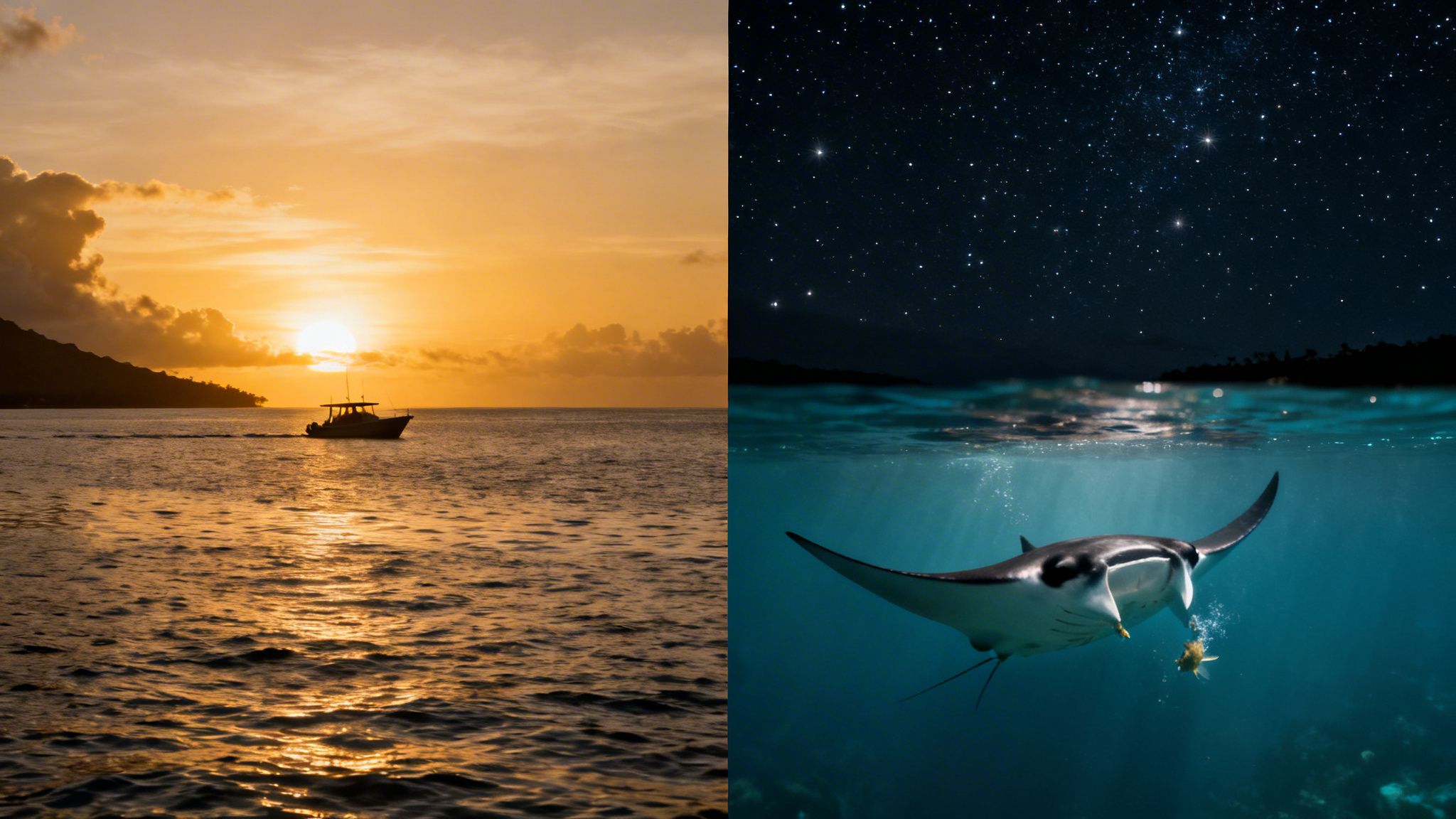 A split image showcasing a boat on the ocean at sunset and a manta ray swimming under a starry night sky.