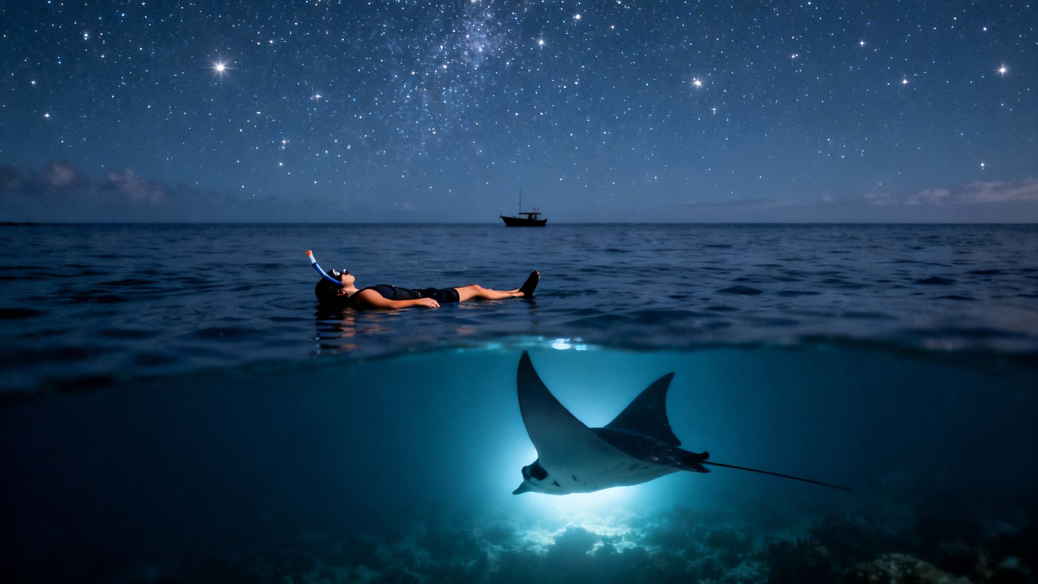 A person snorkels under a starry night sky while a majestic manta ray swims below.