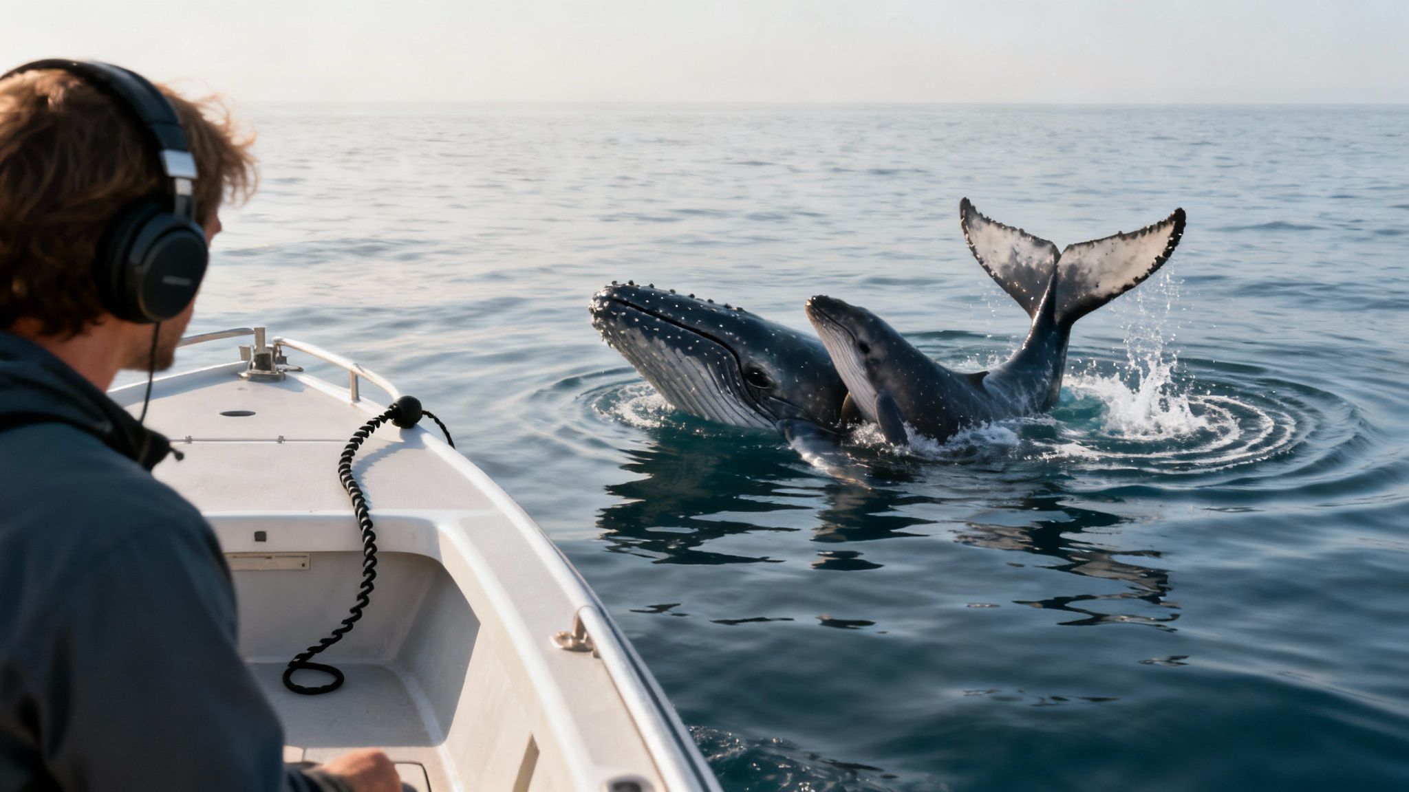 A person in a boat with headphones watching two humpback whales breach near the boat.