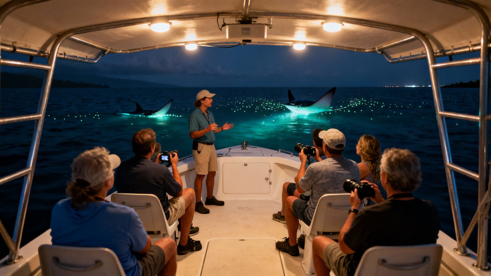 People on a boat at night watching illuminated manta rays swim in the ocean with a guide.
