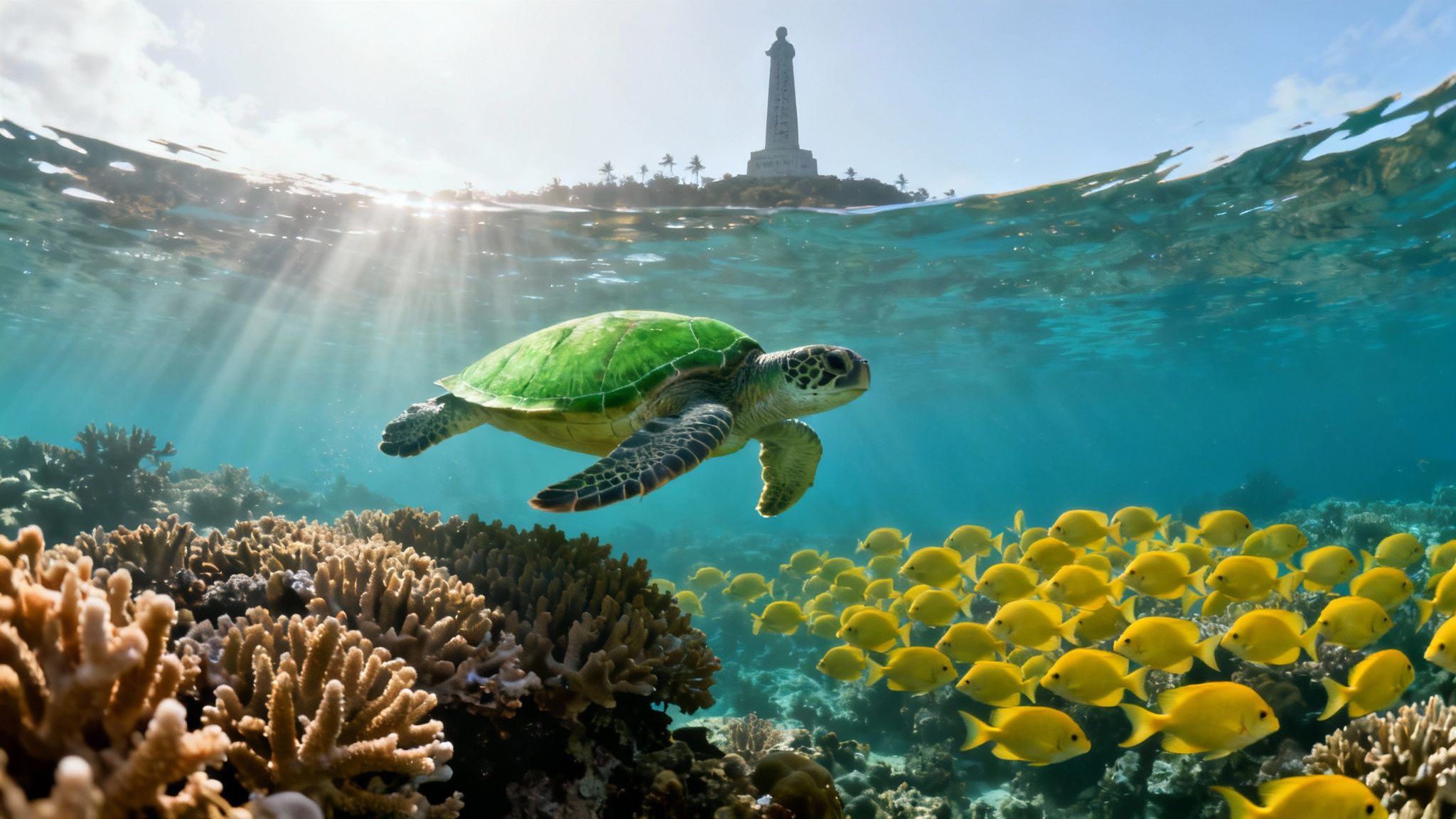 Underwater, a green sea turtle swims near coral and yellow fish, with a lighthouse on an island above.
