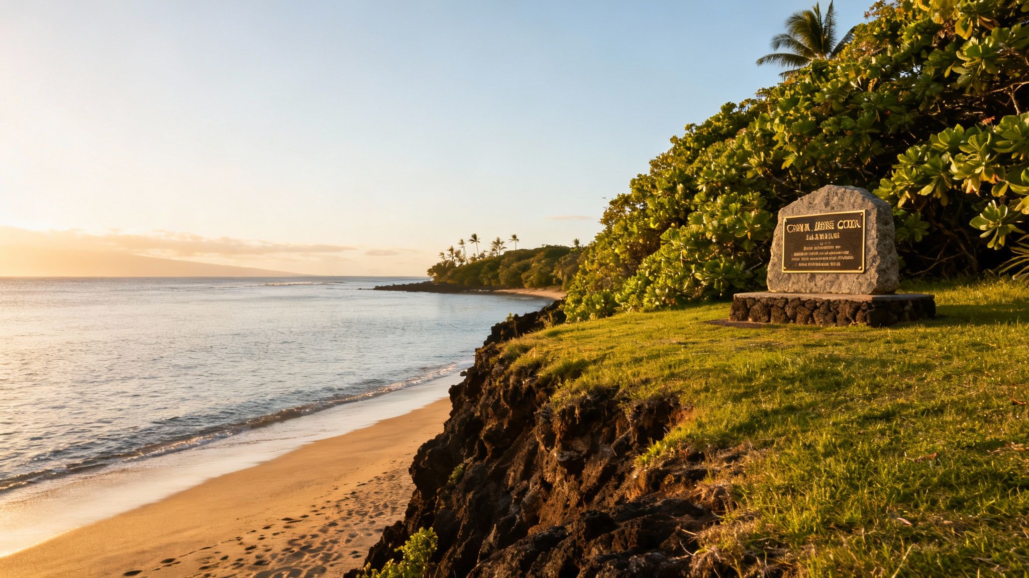 A stone memorial on a grassy cliff overlooking a tranquil beach and ocean at sunset.