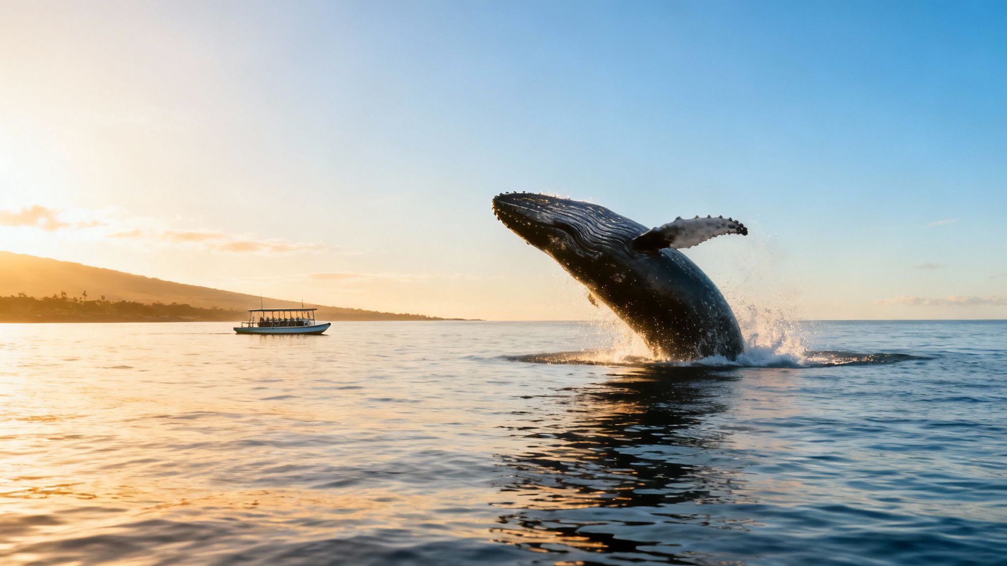 A humpback whale breaches majestically out of the golden ocean water at sunset, with a small boat nearby.