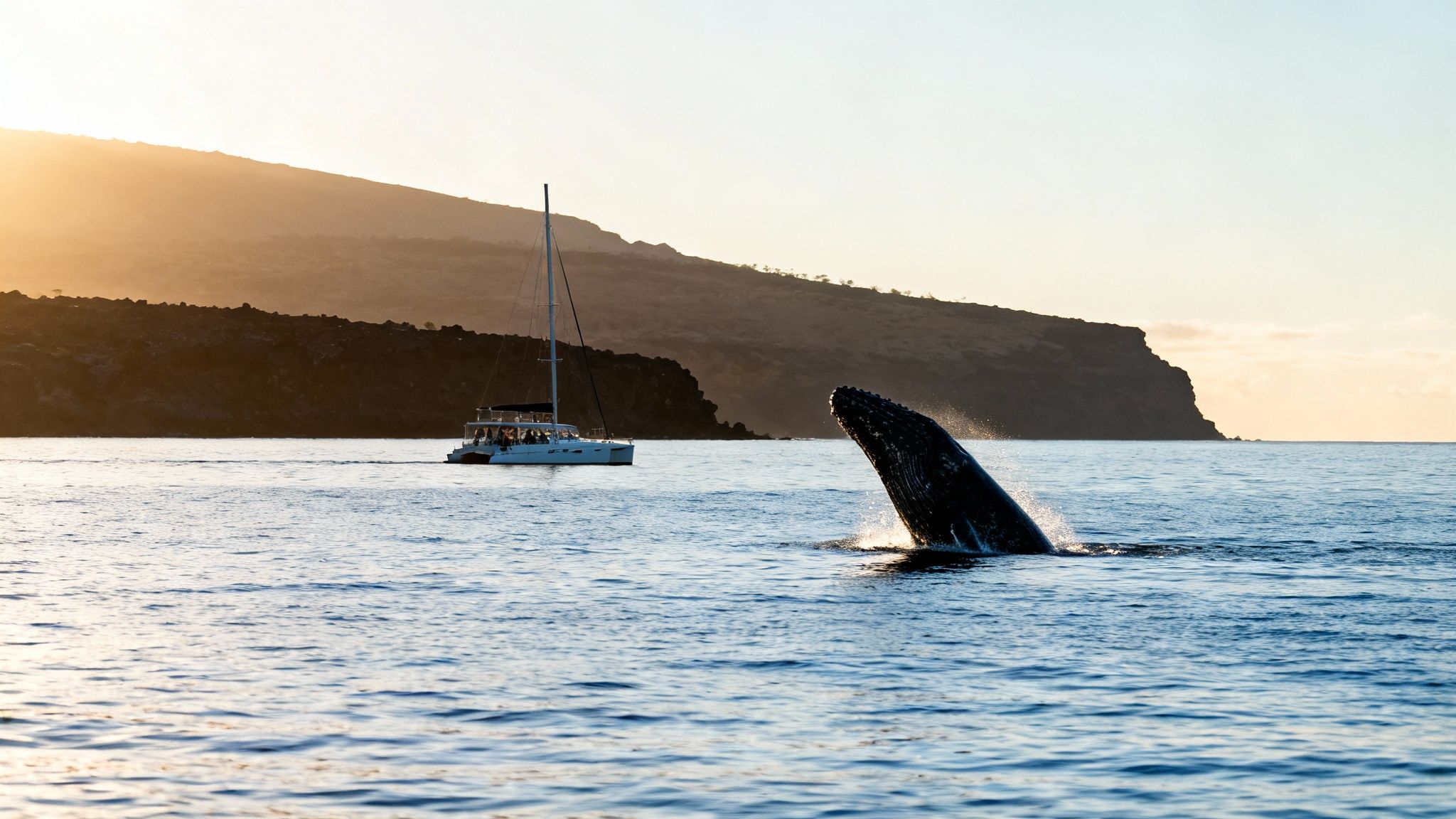 A humpback whale breaches spectacularly in the waters off Kona, Big Island.