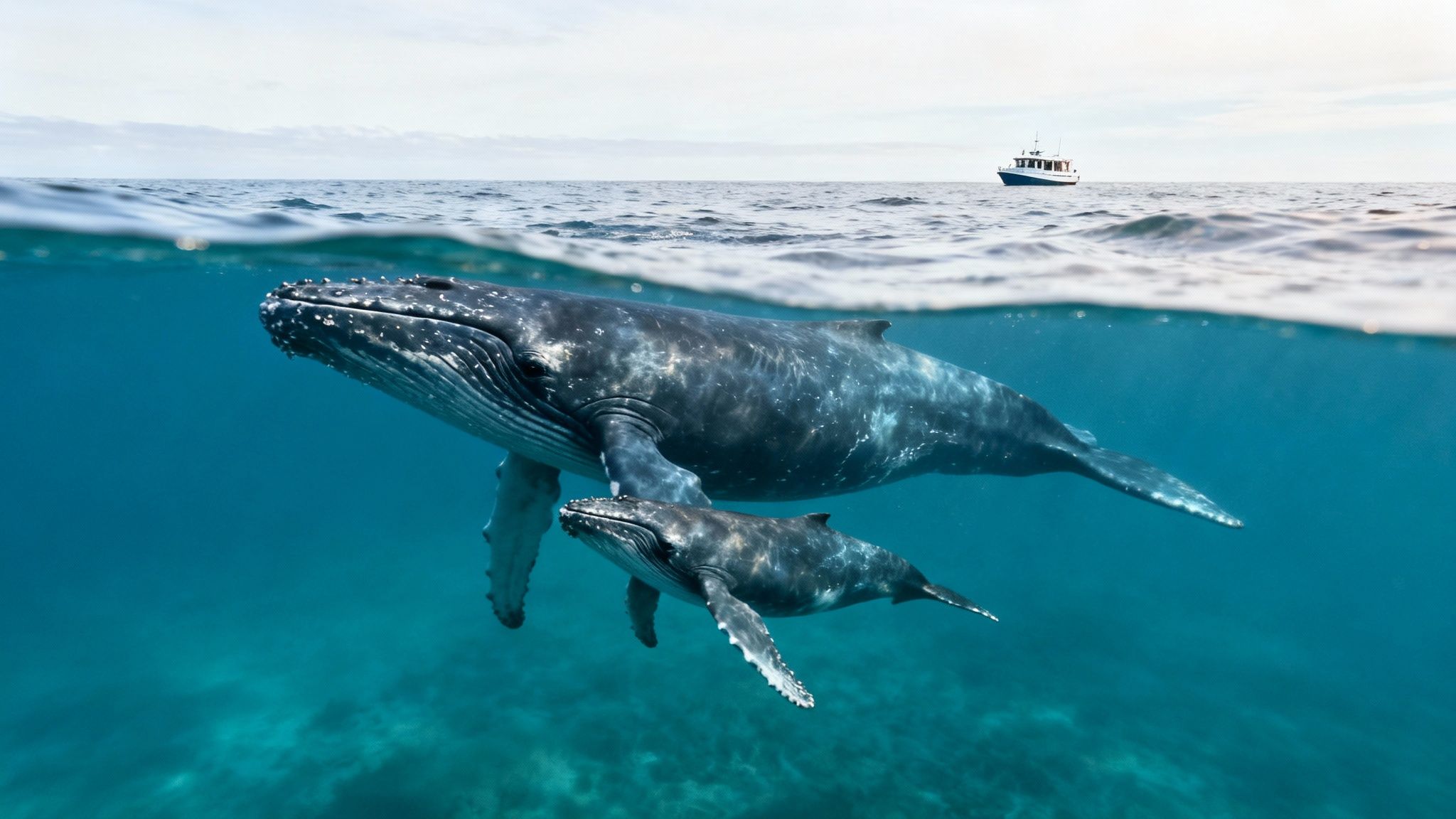 A humpback whale and its calf swim gracefully below the ocean's surface, with a boat above.
