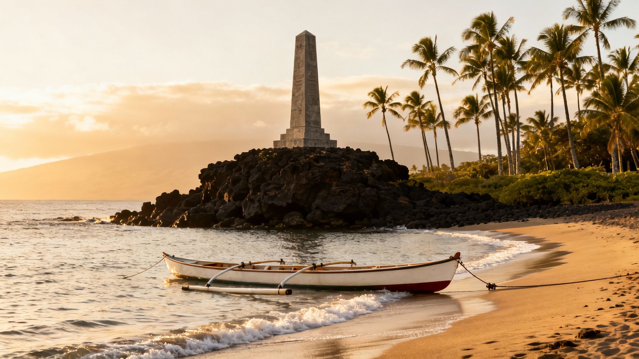 A serene golden hour beach scene with a monument, palm trees, and an outrigger canoe.