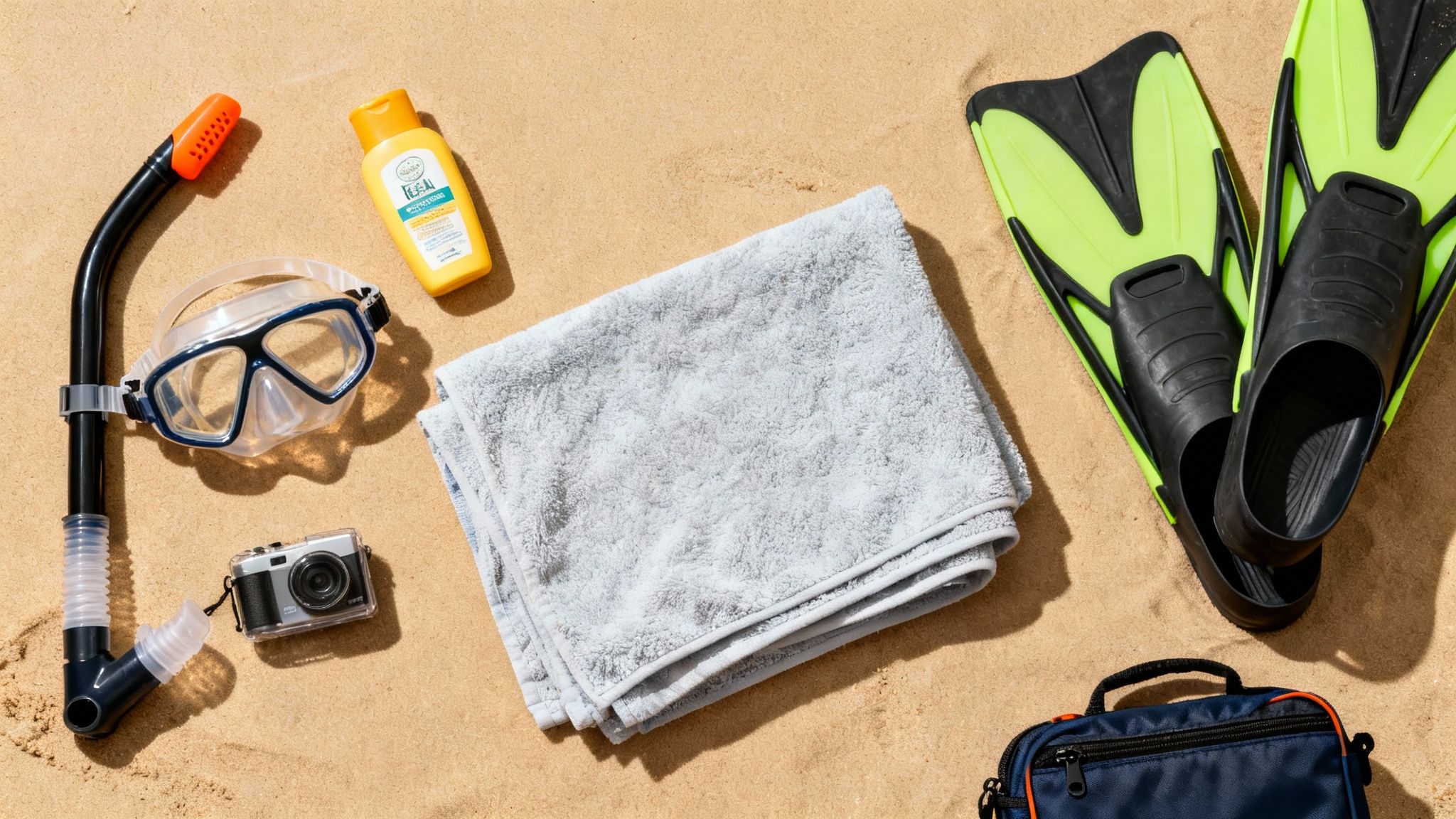 Snorkeling gear and beach essentials including mask, snorkel, fins, sunscreen, and camera on sand.